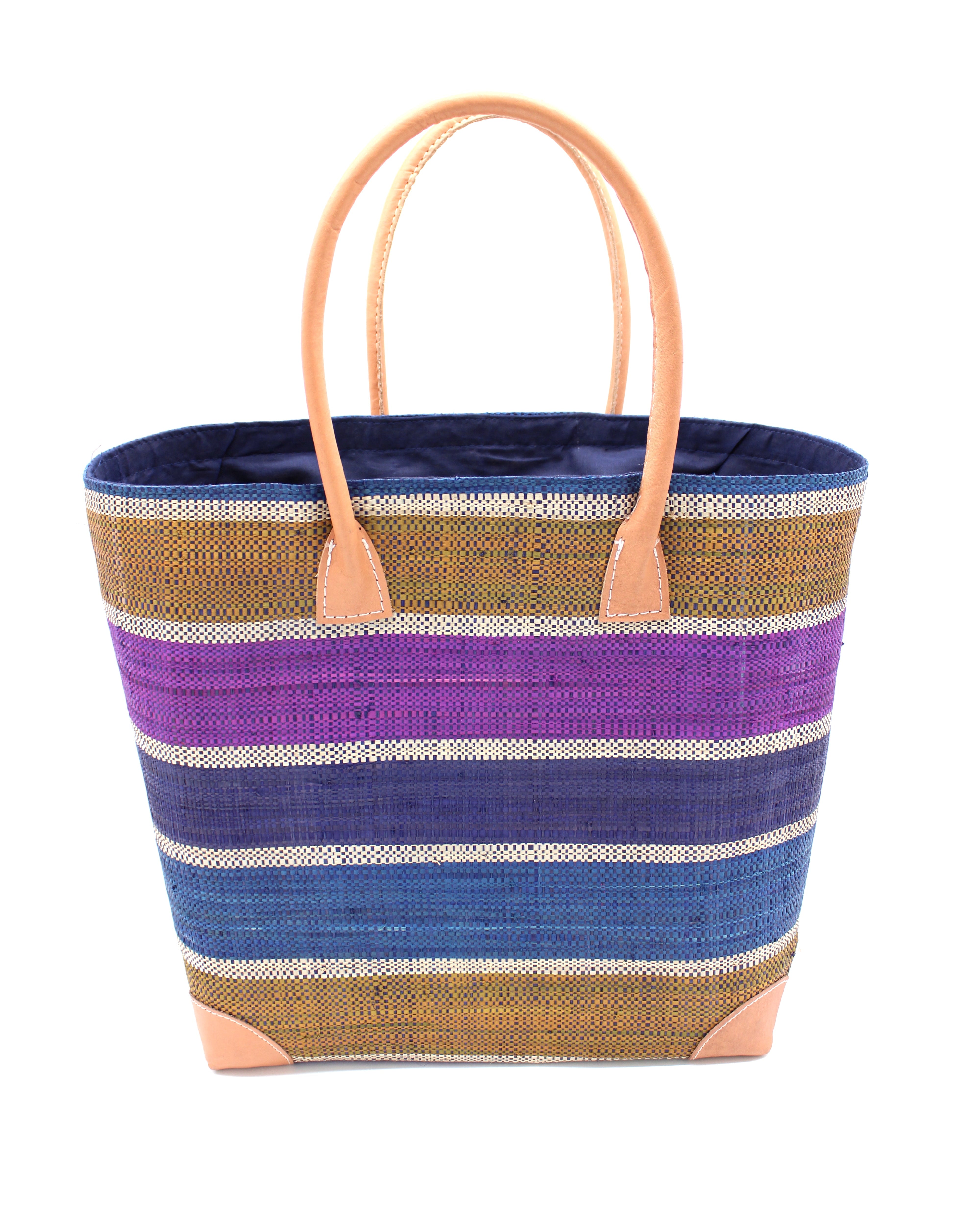 Rayo Stripes Straw Basket Bag Olive Purple Swirl handmade loomed natural raffia palm fiber in a multicolor multi width horizontal stripe pattern of navy blue, turquoise blue, olive green, purple, and natural straw color with leather handles and accents tote beach bag - Shebobo
