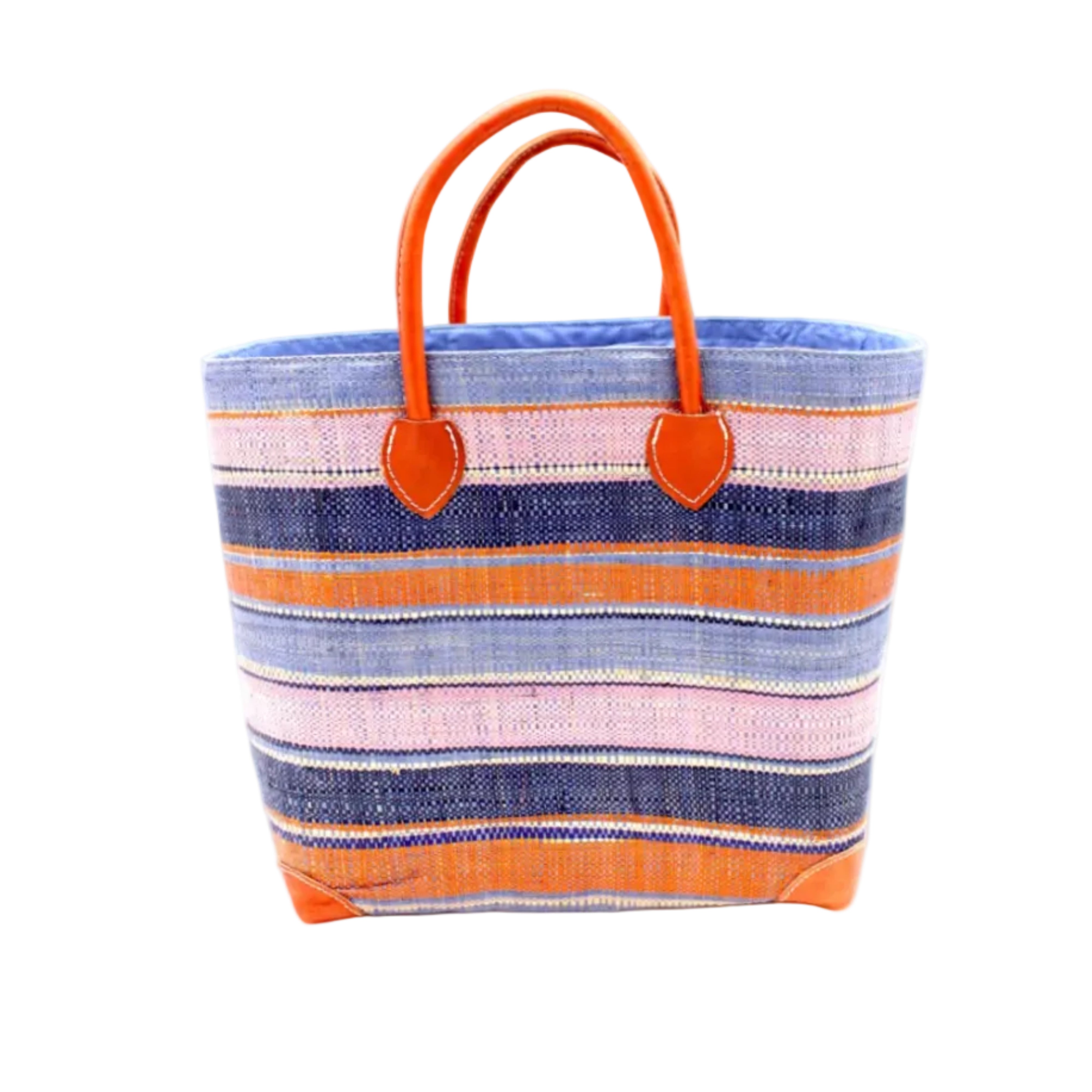 Rayo Stripes Straw Basket Bag Retro Stripe handmade loomed natural raffia palm fiber in a horizontal stripe pattern of multiple widths of natural straw color, denim/retro/light blue, navy/dark blue, baby pink, coral orange/red, etc. handbag with leather handles tote beach bag - Shebobo