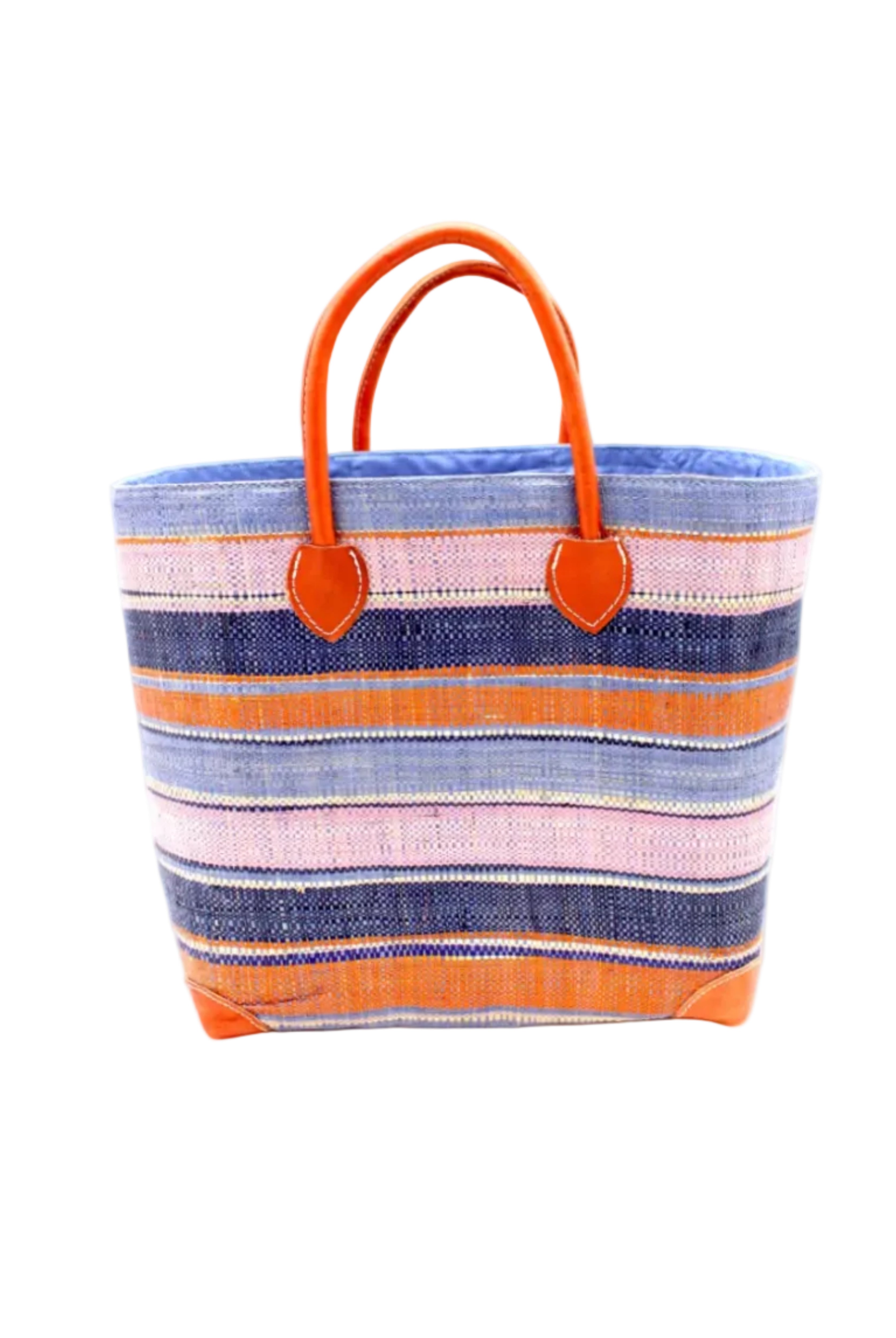 Rayo Stripes Straw Basket Bag Retro Stripe handmade loomed natural raffia palm fiber in a horizontal stripe pattern of multiple widths of natural straw color, denim/retro/light blue, navy/dark blue, baby pink, coral orange/red, etc. handbag with leather handles tote beach bag - Shebobo
