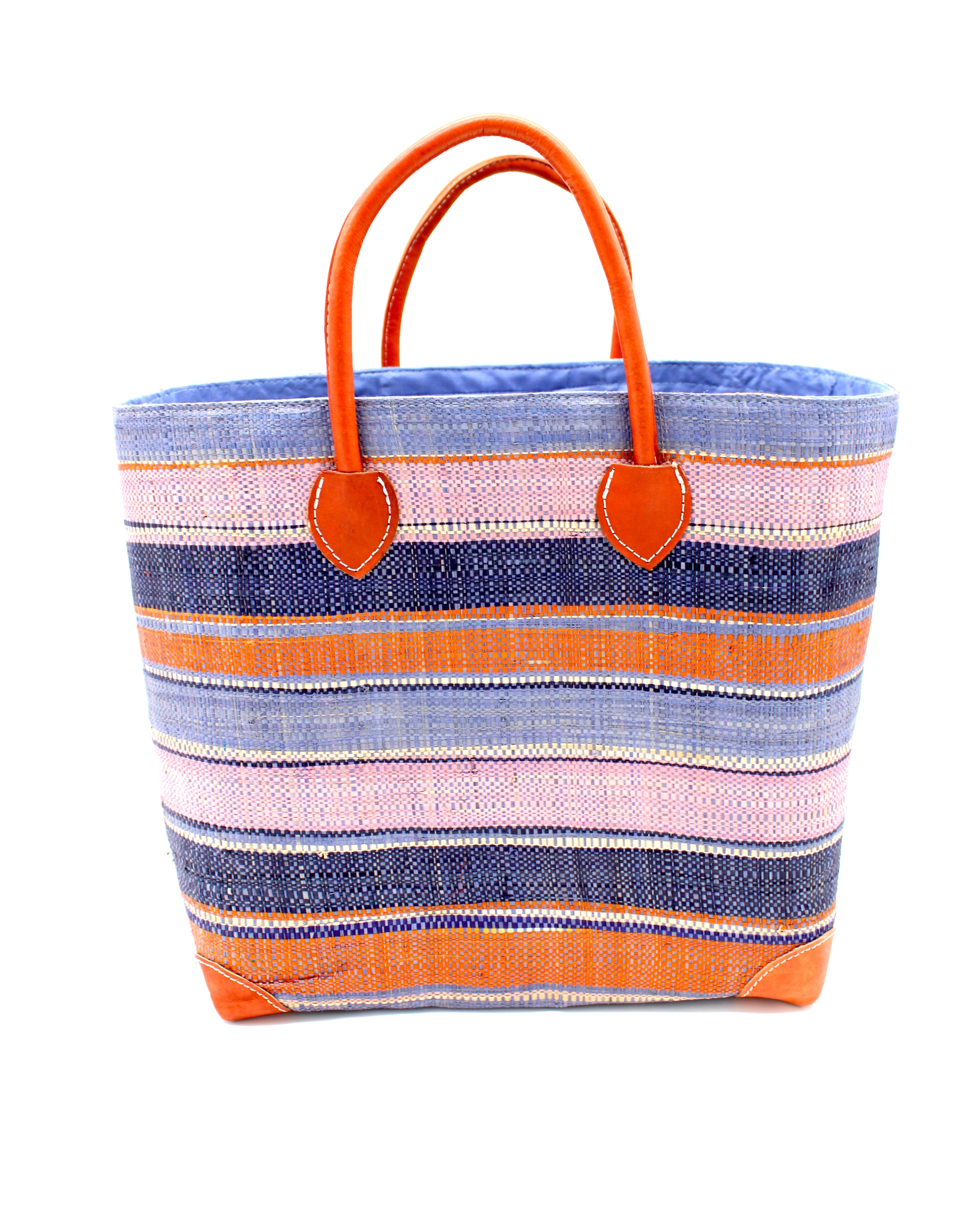 Rayo Stripes Straw Basket Bag Retro Stripe handmade loomed natural raffia palm fiber in a horizontal stripe pattern of multiple widths of natural straw color, denim/retro/light blue, navy/dark blue, baby pink, coral orange/red, etc. handbag with leather handles tote beach bag - Shebobo