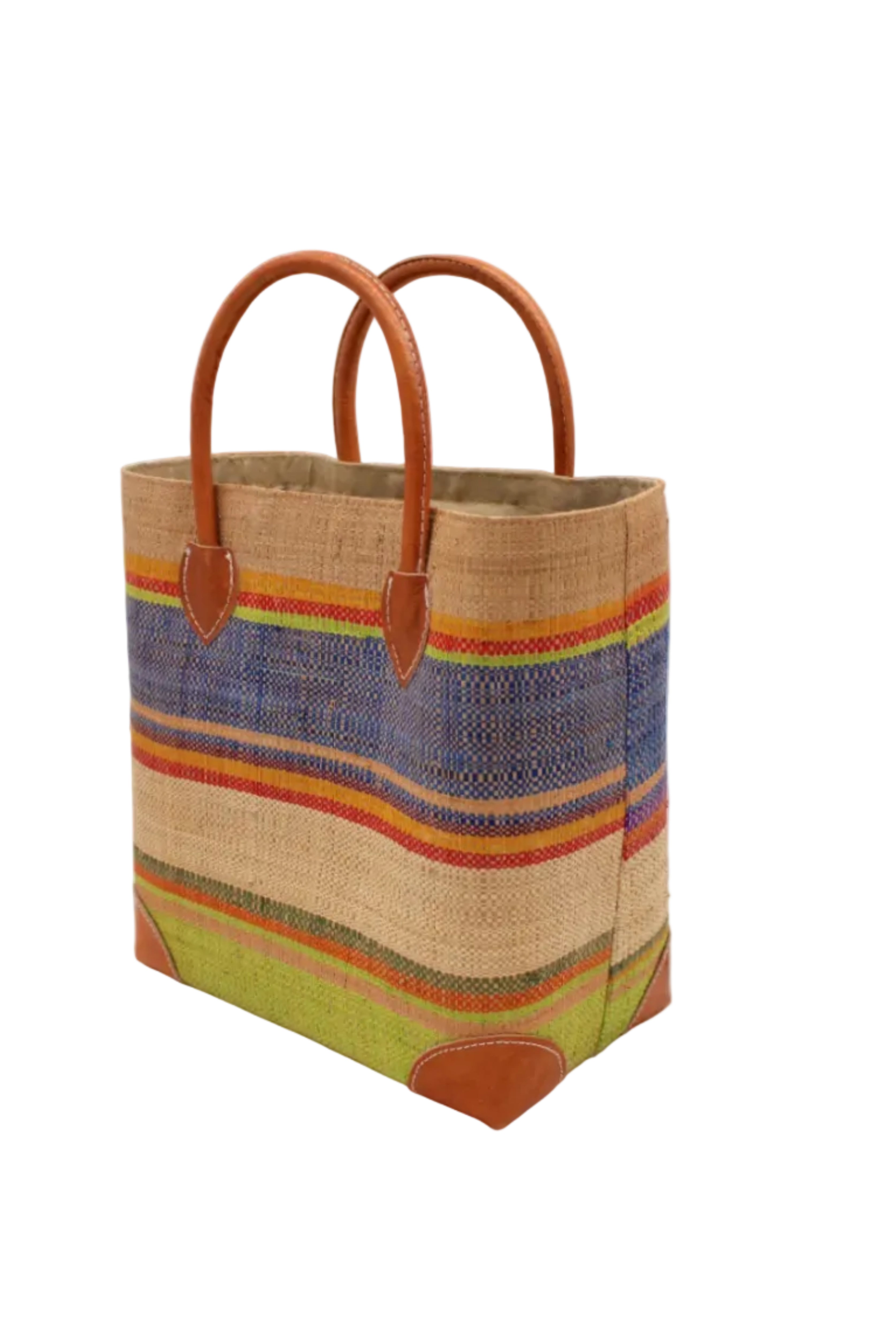 Side view Rayo Stripes Straw Basket Bag Rio Swirl handmade loomed natural raffia palm fiber in a multicolor multi width horizontal stripe pattern of midori lime/green, navy dark/blue, coral orange/red, saffron yellow/orange, red, martini olive/green, purple, red, and natural straw color with leather handles and accents tote beach bag - Shebobo