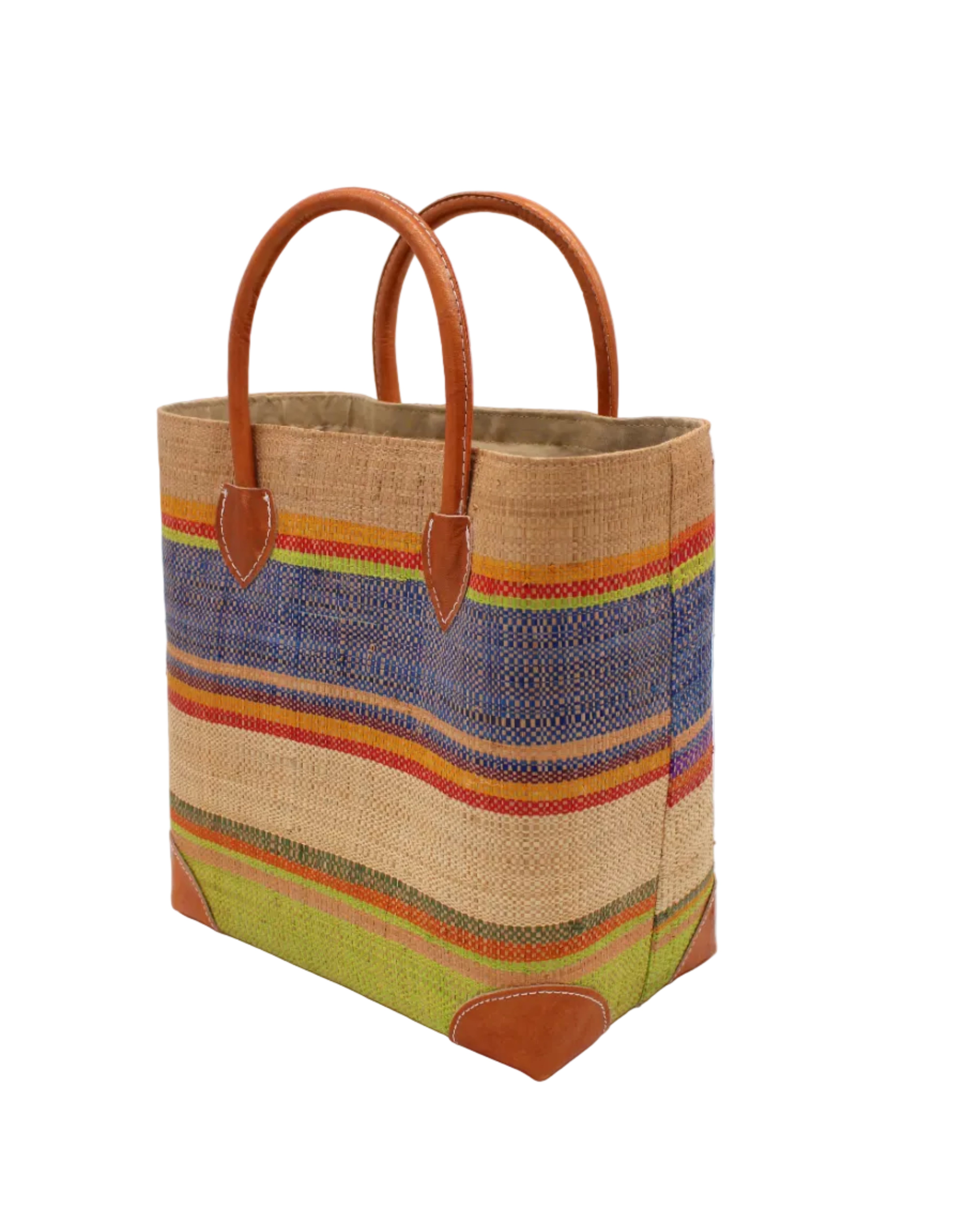 Side view Rayo Stripes Straw Basket Bag Rio Swirl handmade loomed natural raffia palm fiber in a multicolor multi width horizontal stripe pattern of midori lime/green, navy dark/blue, coral orange/red, saffron yellow/orange, red, martini olive/green, purple, red, and natural straw color with leather handles and accents tote beach bag - Shebobo