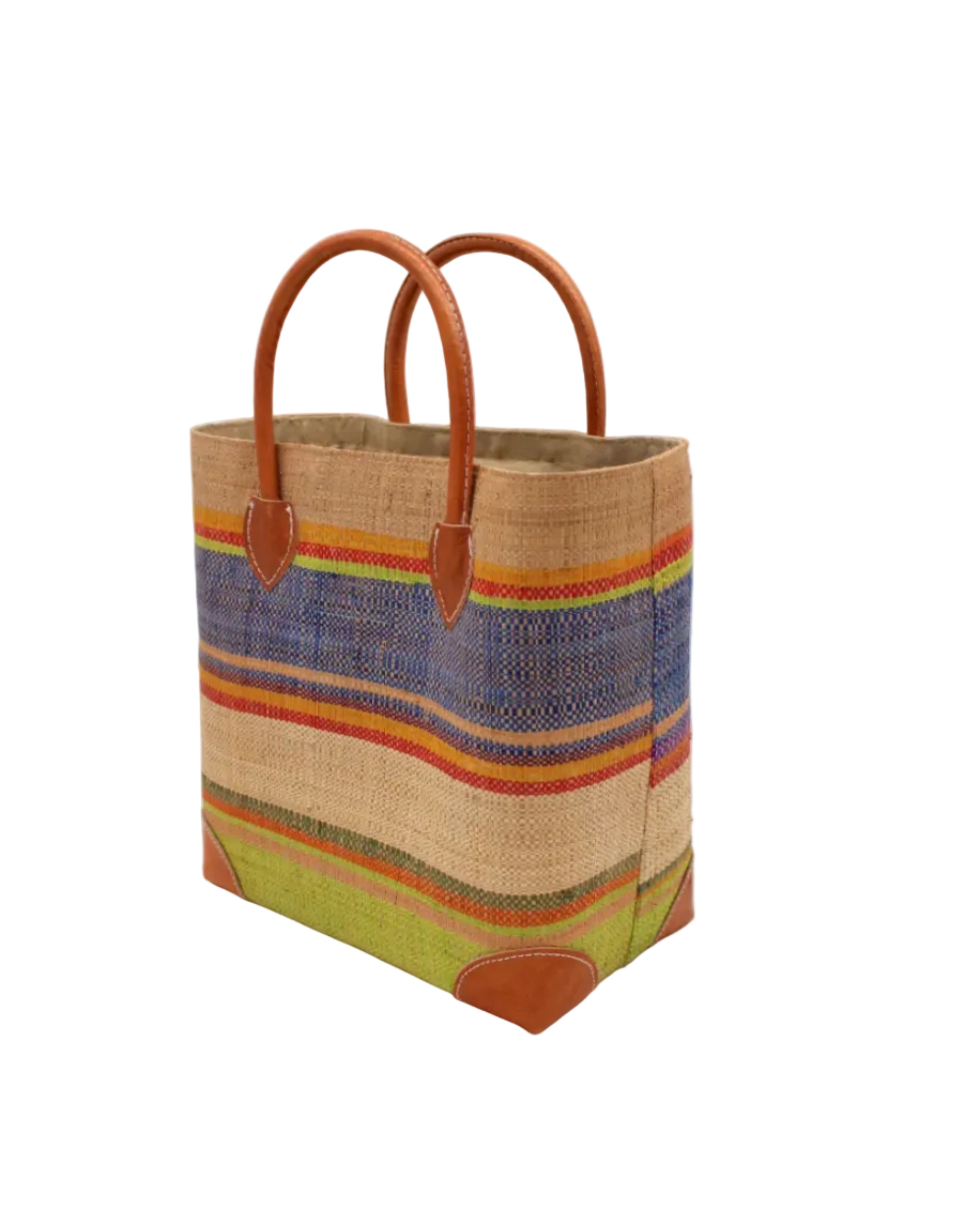 Side view Rayo Stripes Straw Basket Bag Rio Swirl handmade loomed natural raffia palm fiber in a multicolor multi width horizontal stripe pattern of midori lime/green, navy dark/blue, coral orange/red, saffron yellow/orange, red, martini olive/green, purple, red, and natural straw color with leather handles and accents tote beach bag - Shebobo