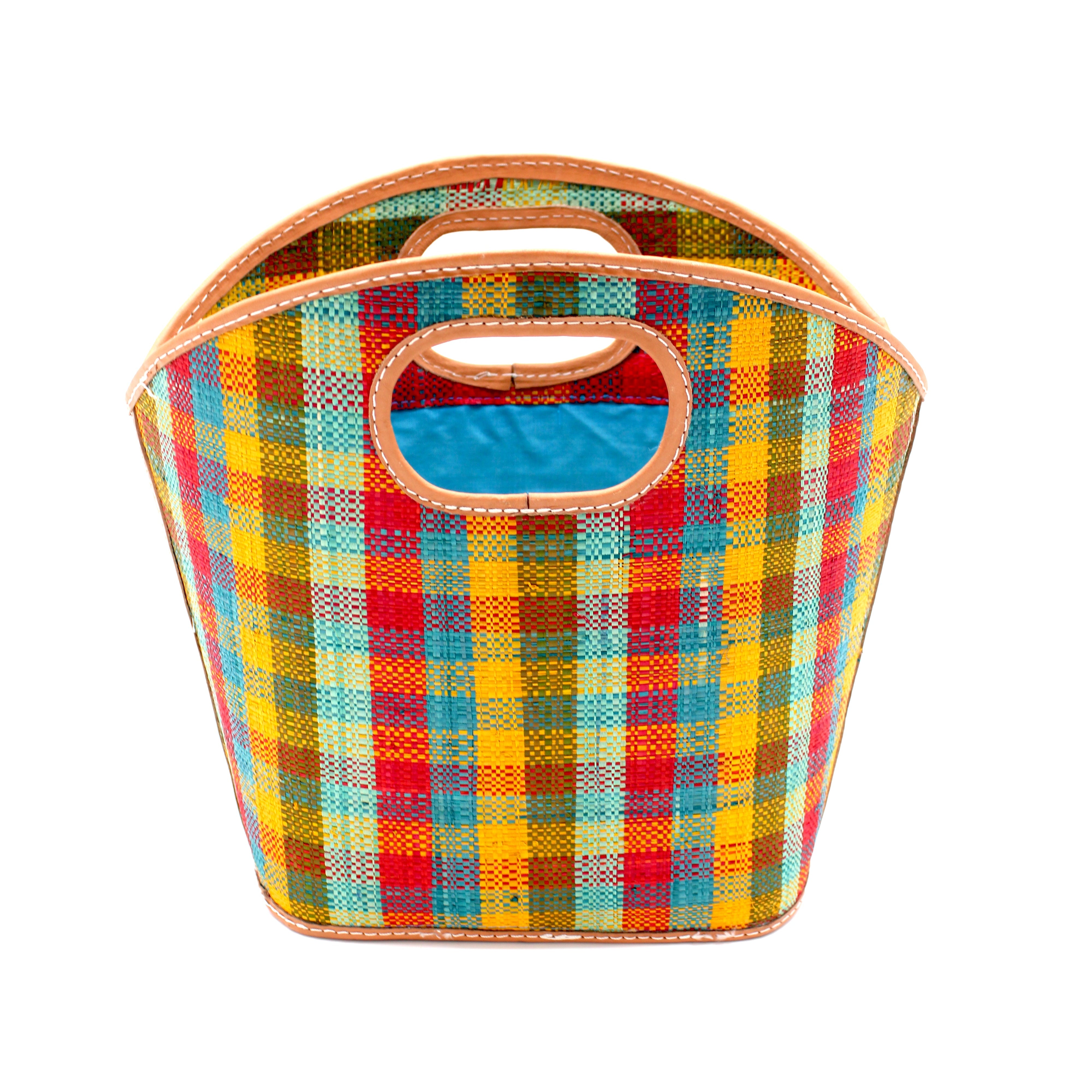 Ricky Hamptons yellow, mint, turquoise, olive, red multicolor loomed raffia gingham pattern bucket shape handbag purse with leather details - Shebobo