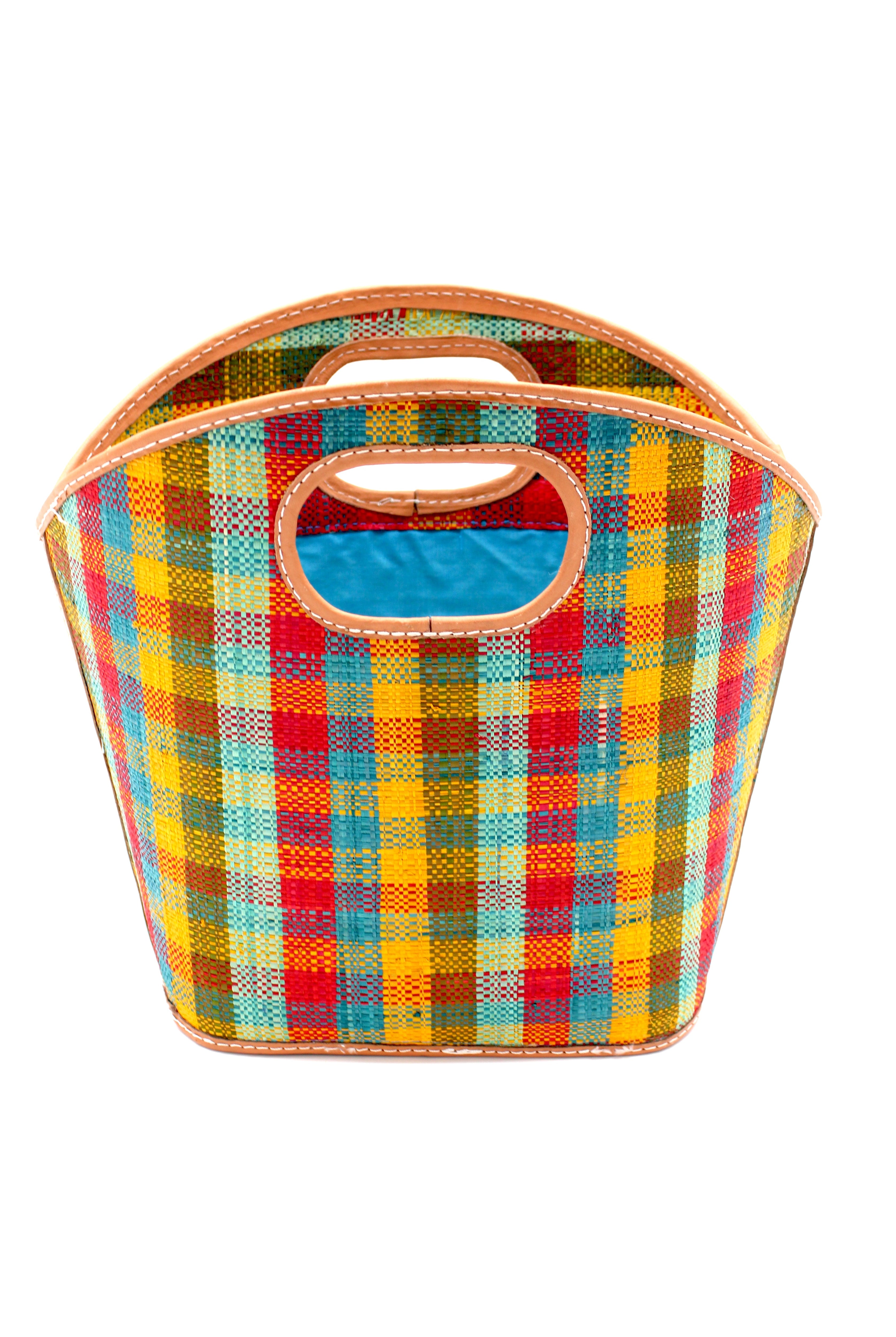 Ricky Hamptons yellow, mint, turquoise, olive, red multicolor loomed raffia gingham pattern bucket shape handbag purse with leather details - Shebobo