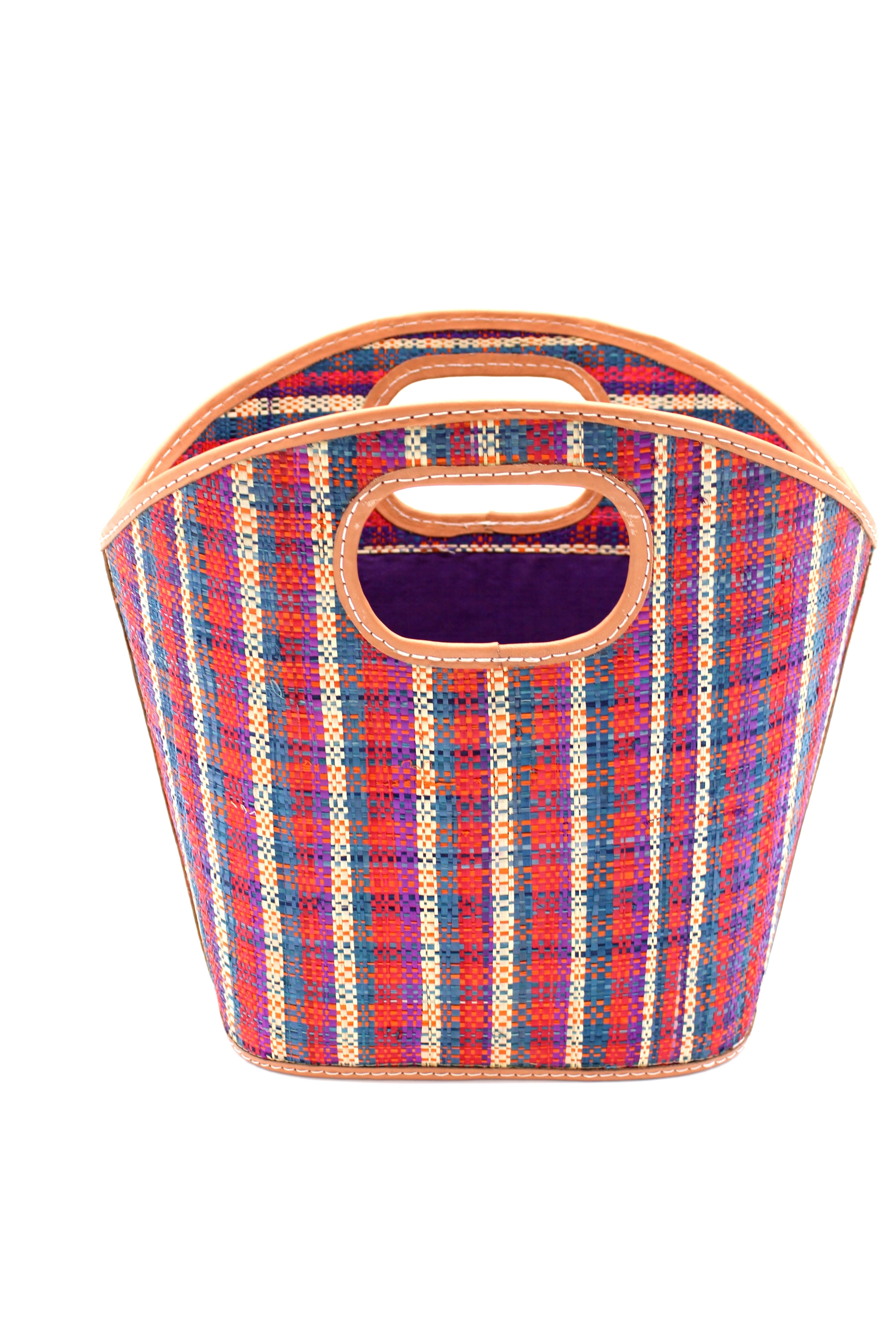 Ricky Hatteras red, natural, turquoise, navy blue, etc. multicolor loomed raffia gingham pattern bucket shape handbag purse with leather details - Shebobo