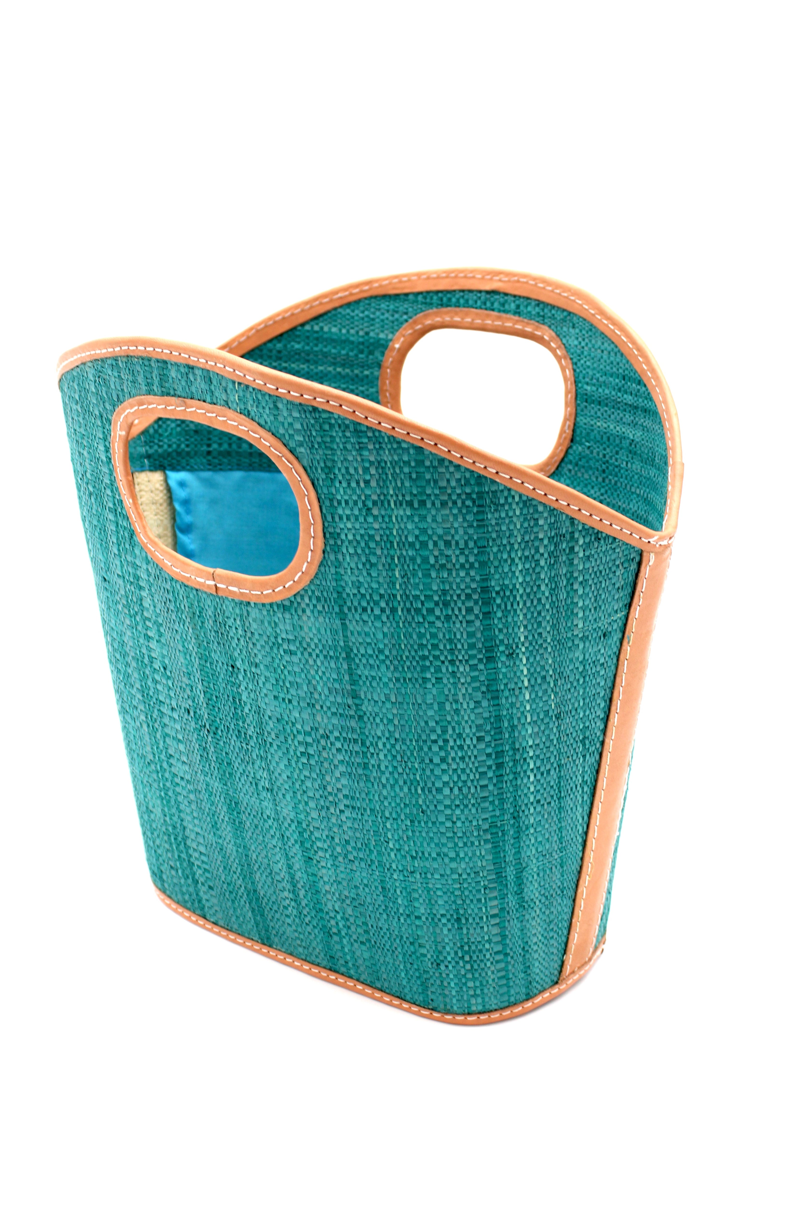 Side View Ricky Straw Bucket Handbag handmade loomed raffia palm fiber in a solid hue of teal turquoise/blue/green with leather finishes purse - Shebobo