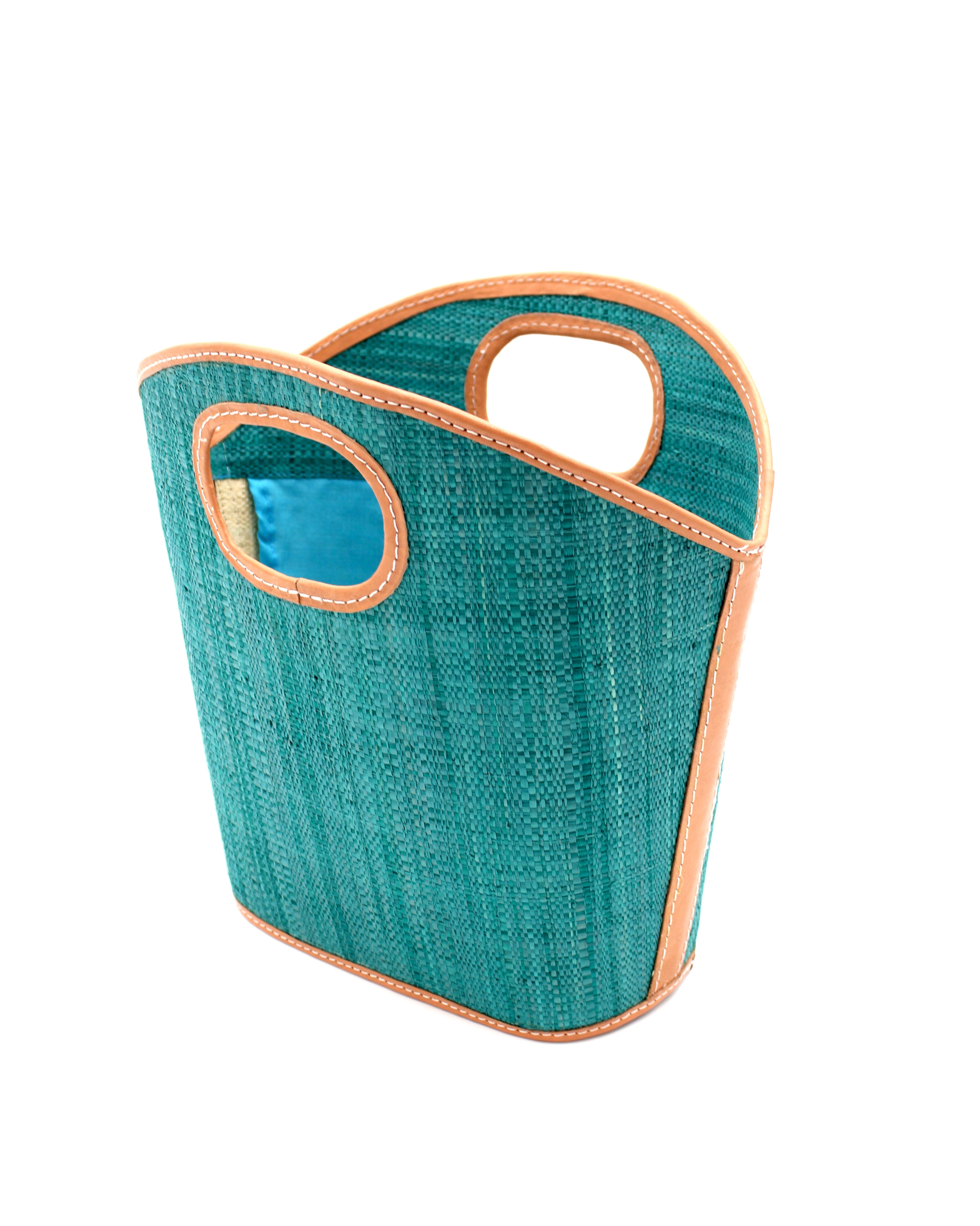 Side View Ricky Straw Bucket Handbag handmade loomed raffia palm fiber in a solid hue of teal turquoise/blue/green with leather finishes purse - Shebobo
