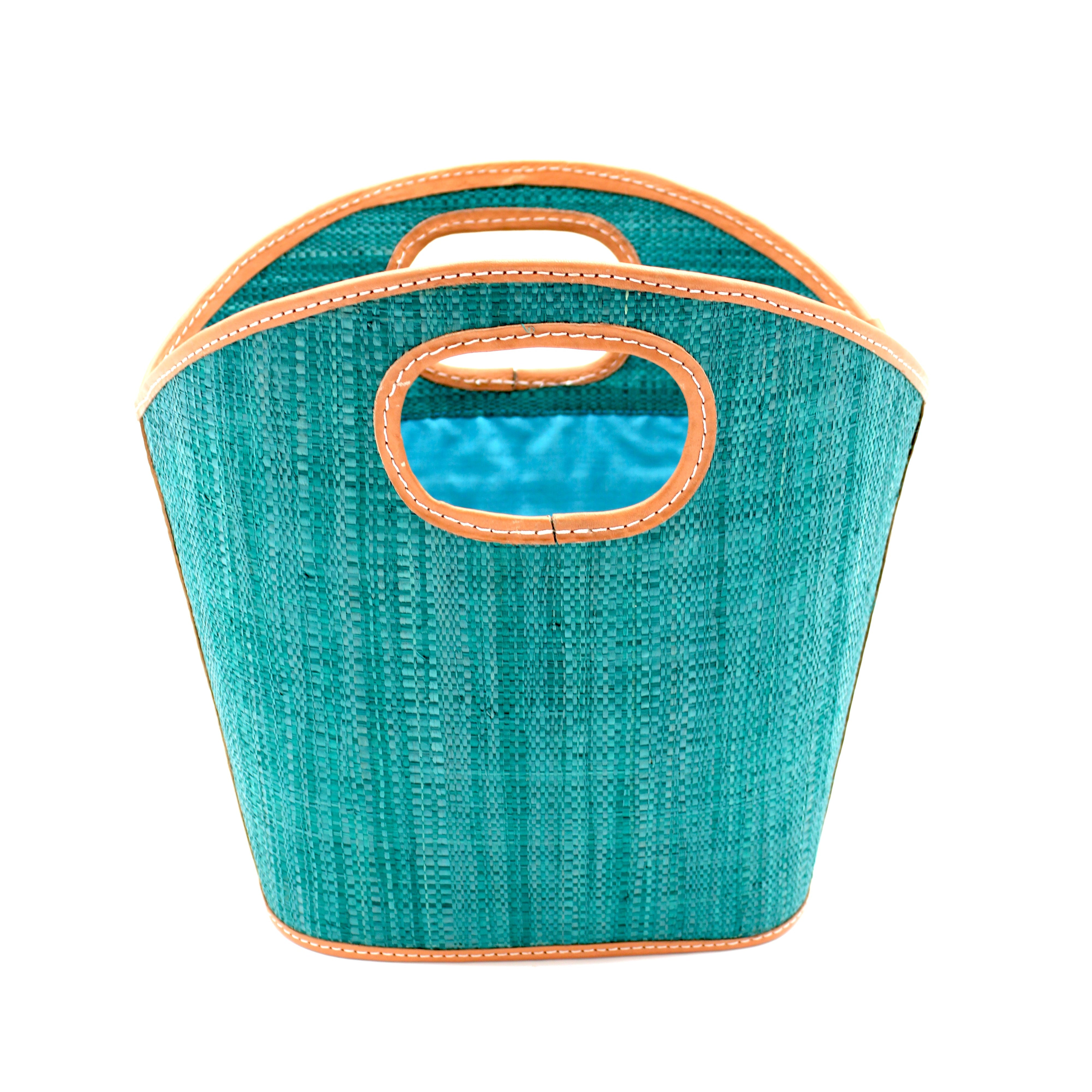 Ricky Straw Bucket Handbag handmade loomed raffia palm fiber in a solid hue of teal turquoise/blue/green with leather finishes purse - Shebobo