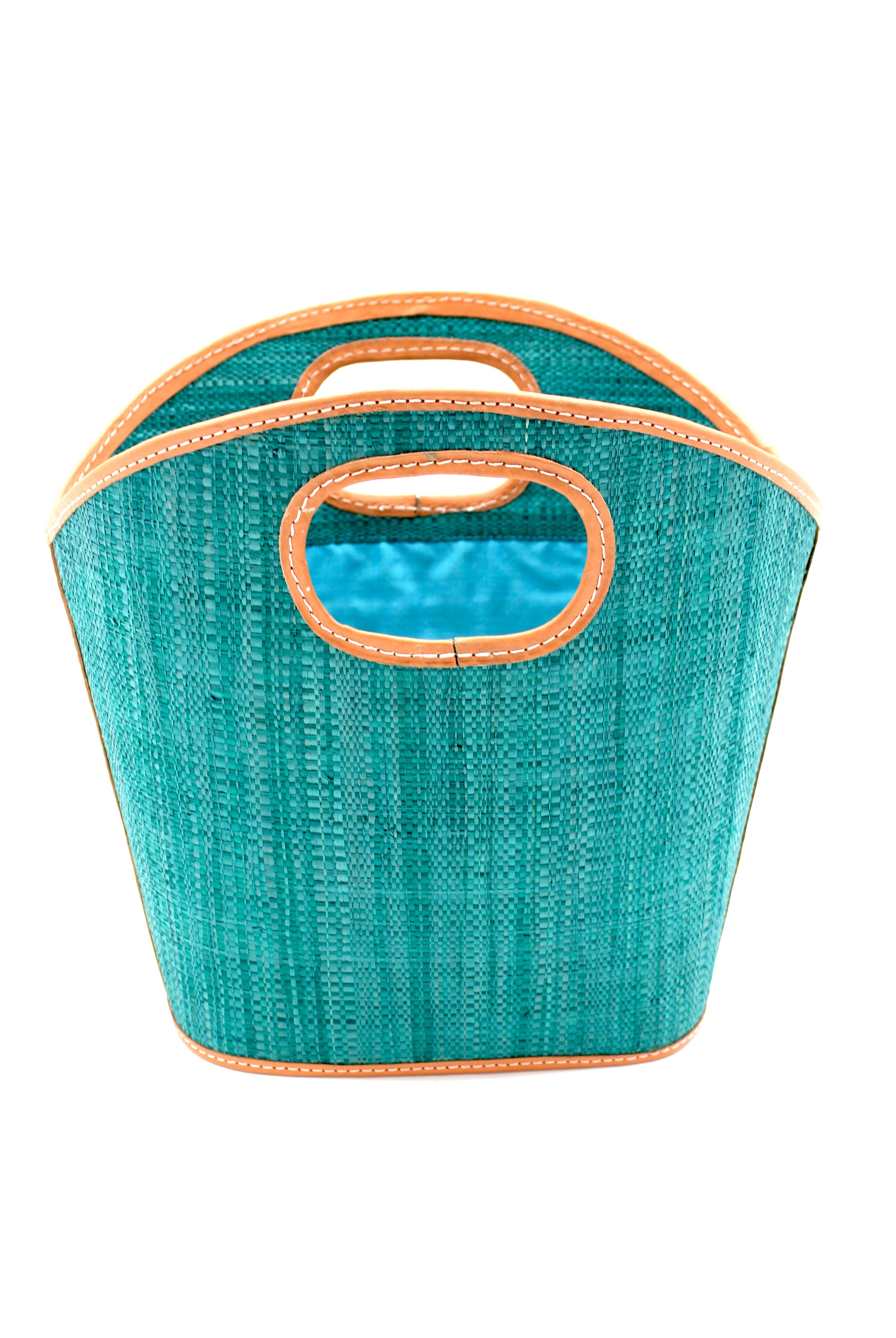 Ricky Straw Bucket Handbag handmade loomed raffia palm fiber in a solid hue of teal turquoise/blue/green with leather finishes purse - Shebobo