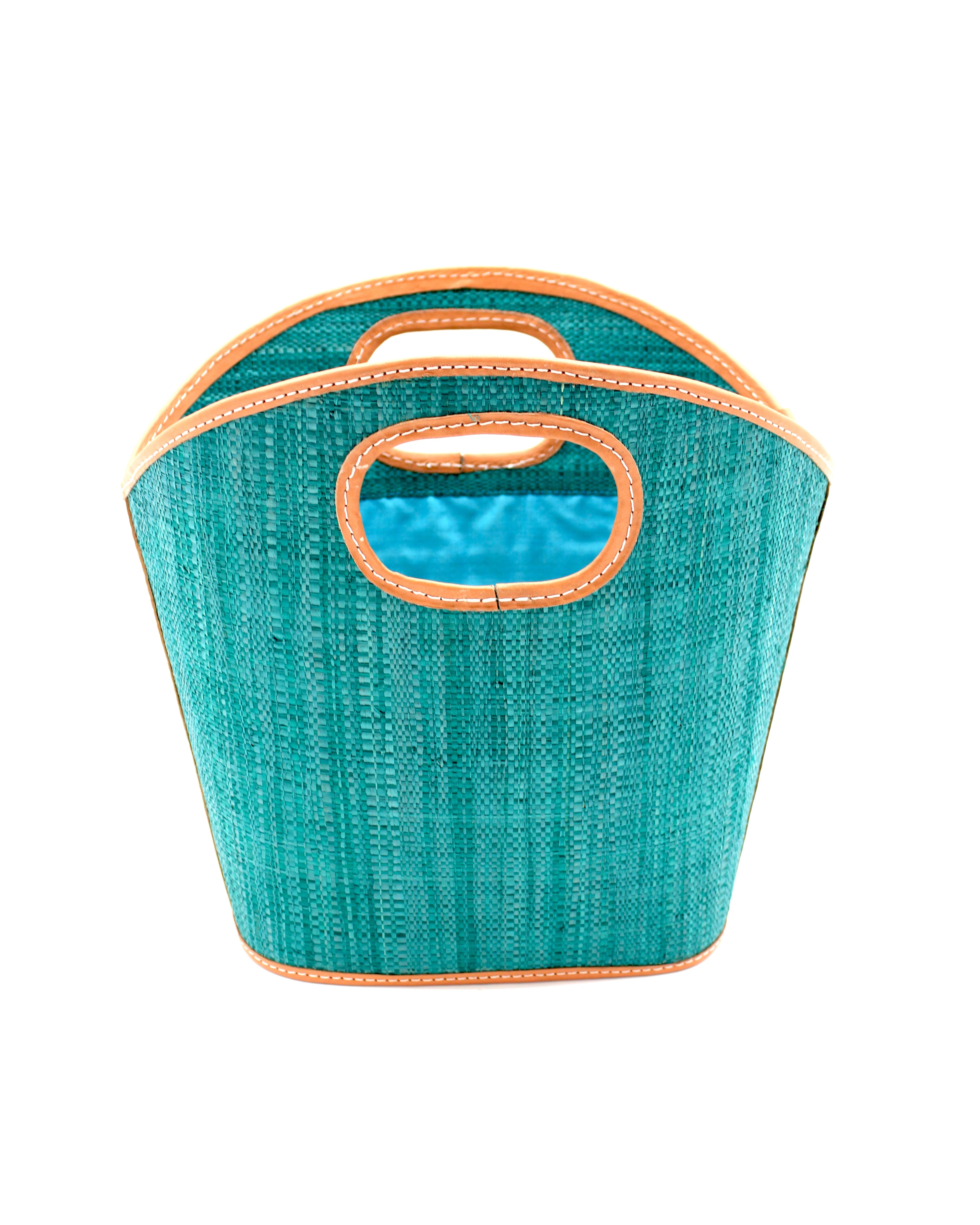 Ricky Straw Bucket Handbag handmade loomed raffia palm fiber in a solid hue of teal turquoise/blue/green with leather finishes purse - Shebobo