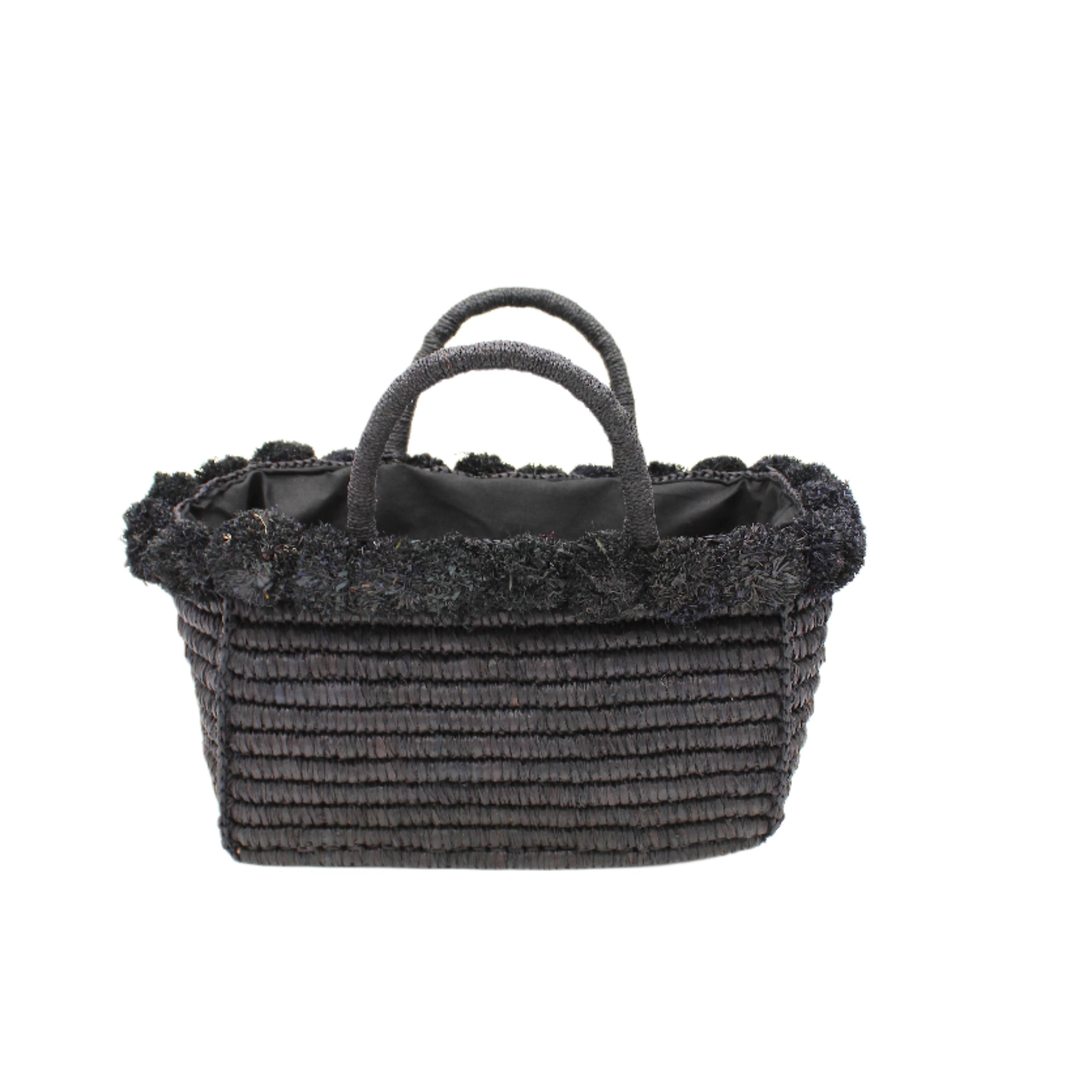 Rico Black Crochet Rectangle Straw Basket handmade woven raffia palm fiber in a solid hue of black with horizontal bands of looped texture with matching small raffia pouf pompom top edge and wrapped braid handles small handbag purse - Shebobo