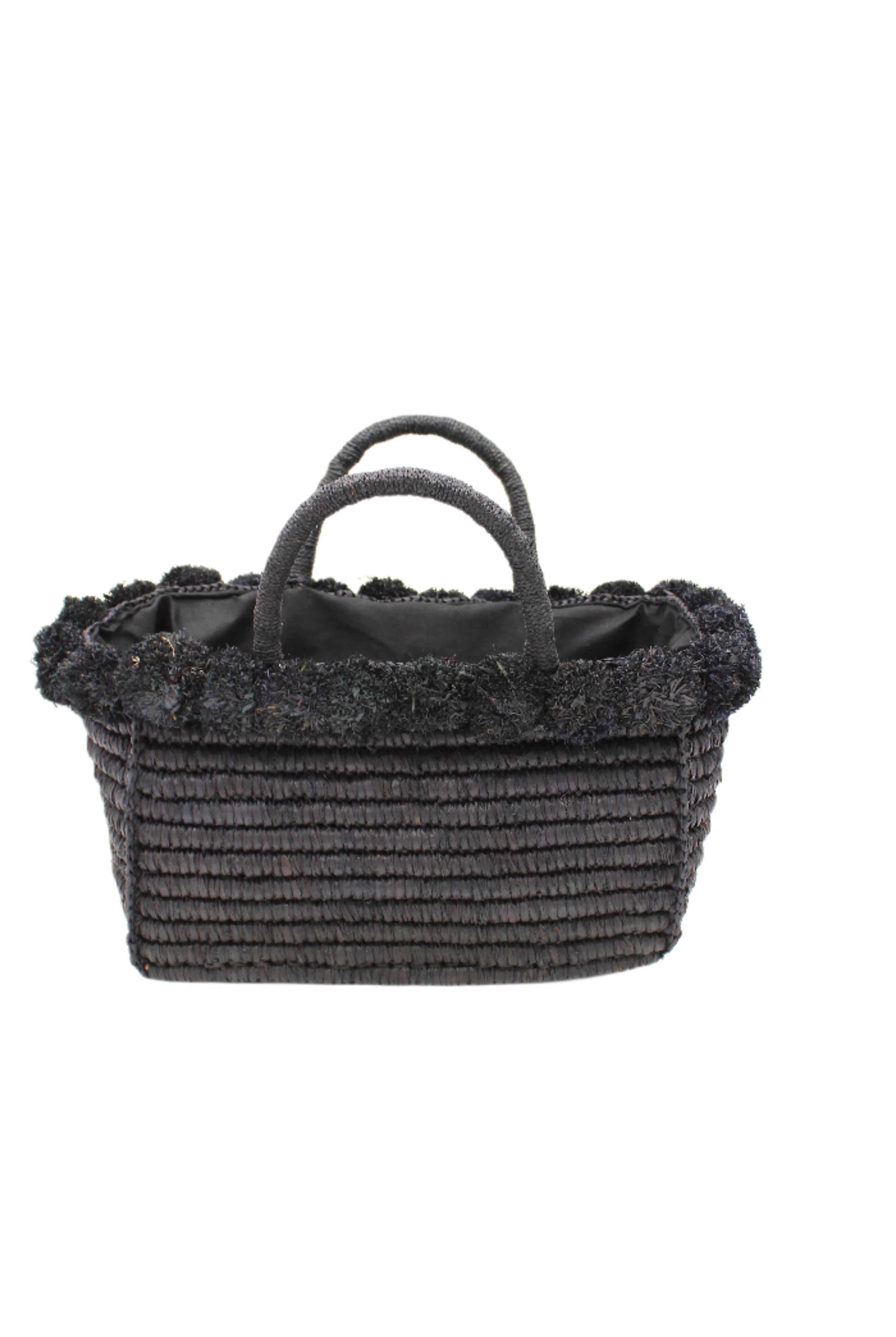 Rico Black Crochet Rectangle Straw Basket handmade woven raffia palm fiber in a solid hue of black with horizontal bands of looped texture with matching small raffia pouf pompom top edge and wrapped braid handles small handbag purse - Shebobo