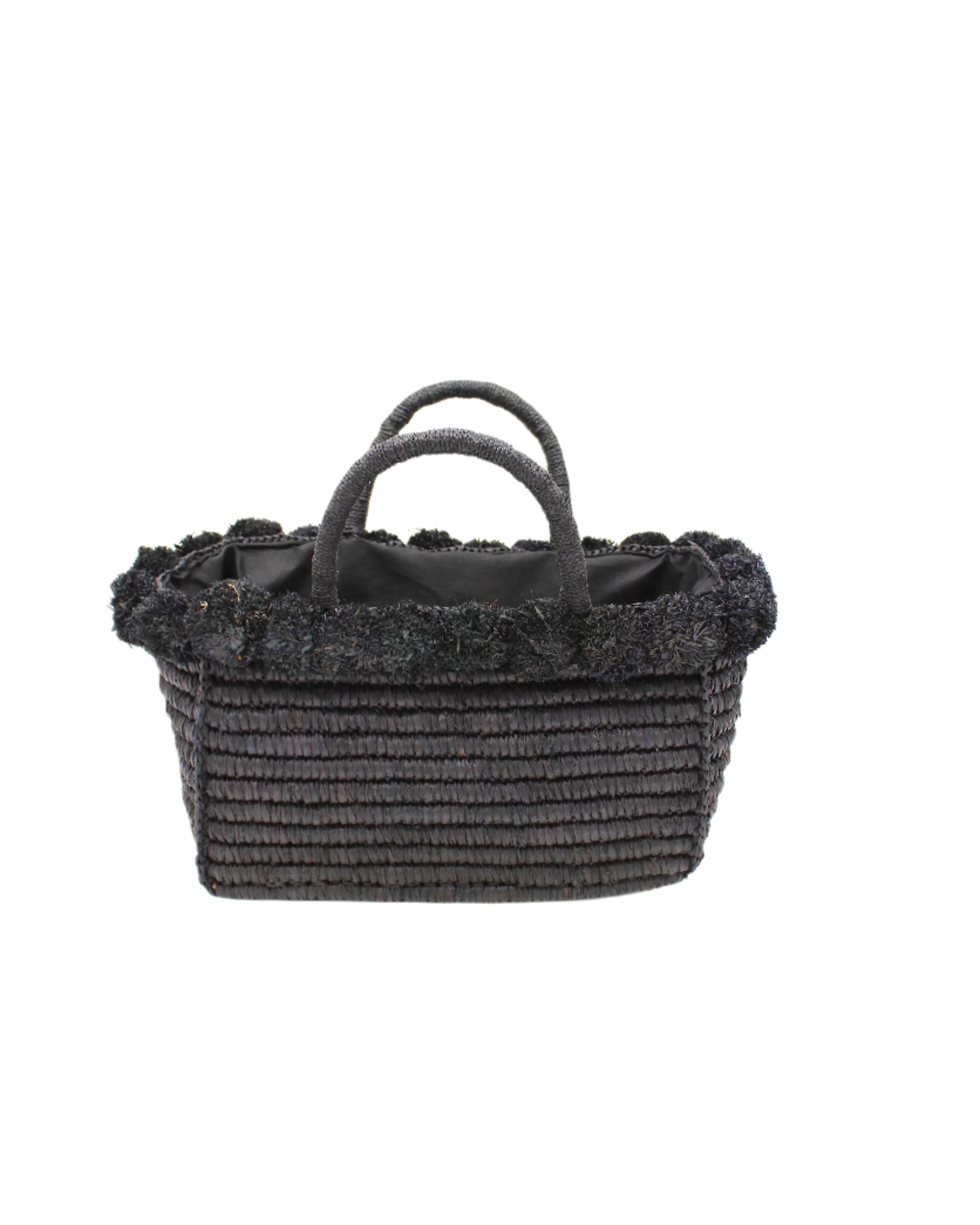 Rico Black Crochet Rectangle Straw Basket handmade woven raffia palm fiber in a solid hue of black with horizontal bands of looped texture with matching small raffia pouf pompom top edge and wrapped braid handles small handbag purse - Shebobo