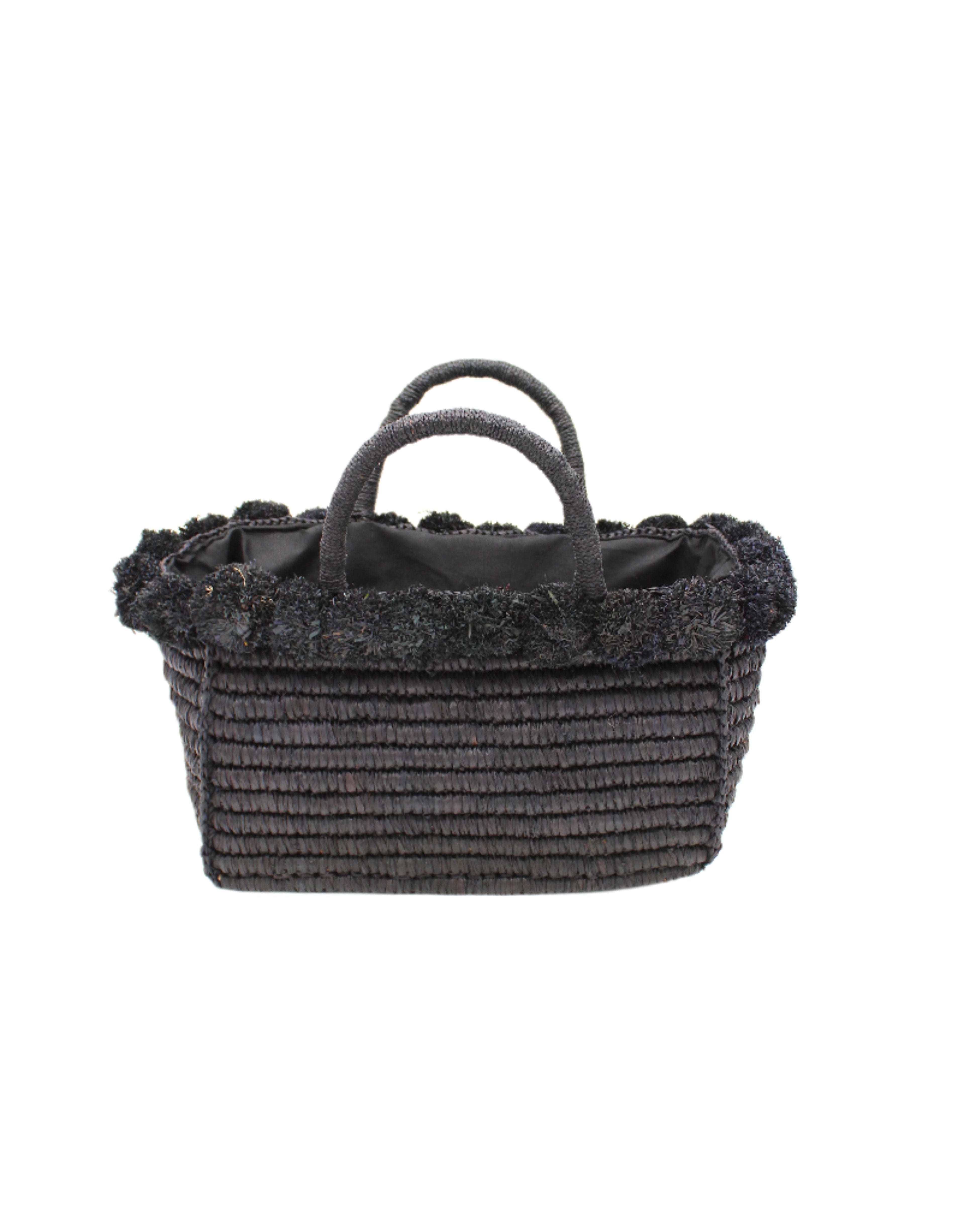 Rico Black Crochet Rectangle Straw Basket handmade woven raffia palm fiber in a solid hue of black with horizontal bands of looped texture with matching small raffia pouf pompom top edge and wrapped braid handles small handbag purse - Shebobo