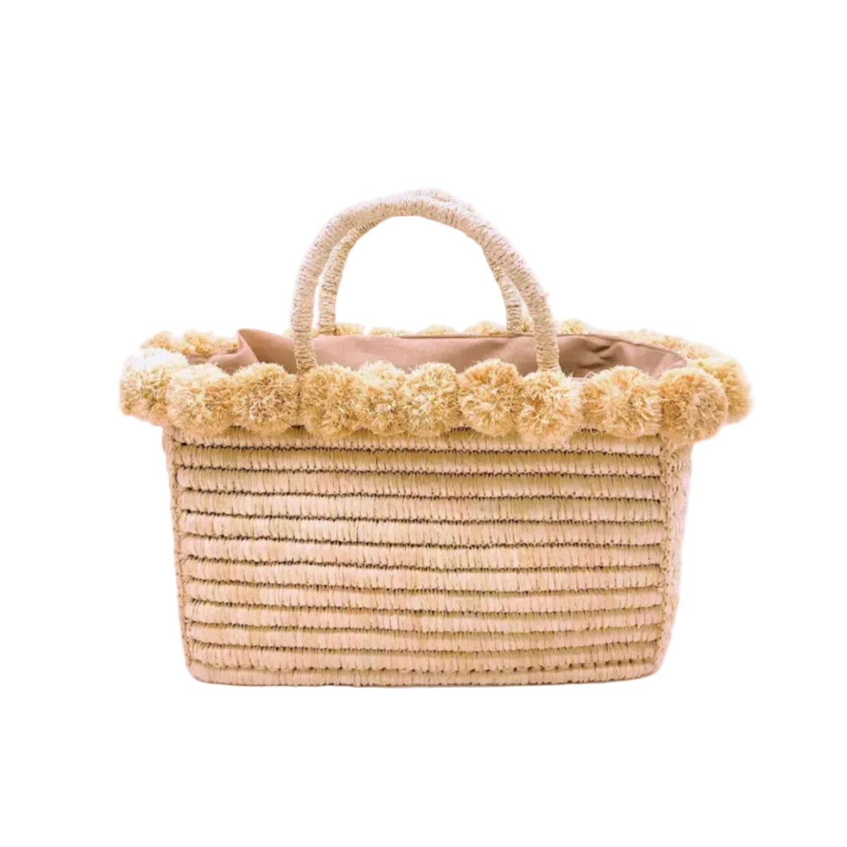 Rico Natural Crochet Rectangle Straw Basket handmade woven raffia palm fiber in a solid hue of natural straw color with horizontal bands of looped texture with matching small raffia pouf pompom top edge and wrapped braid handles small handbag purse - Shebobo