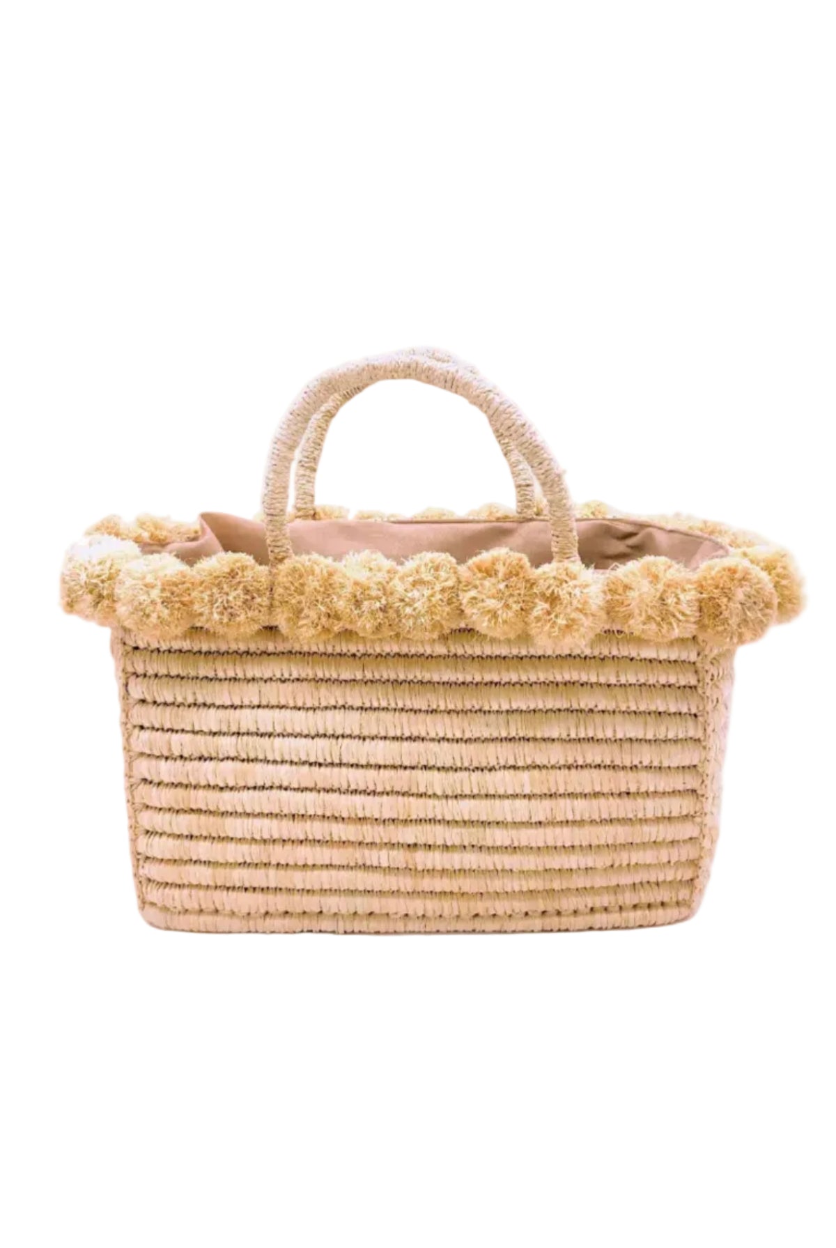 Rico Natural Crochet Rectangle Straw Basket handmade woven raffia palm fiber in a solid hue of natural straw color with horizontal bands of looped texture with matching small raffia pouf pompom top edge and wrapped braid handles small handbag purse - Shebobo
