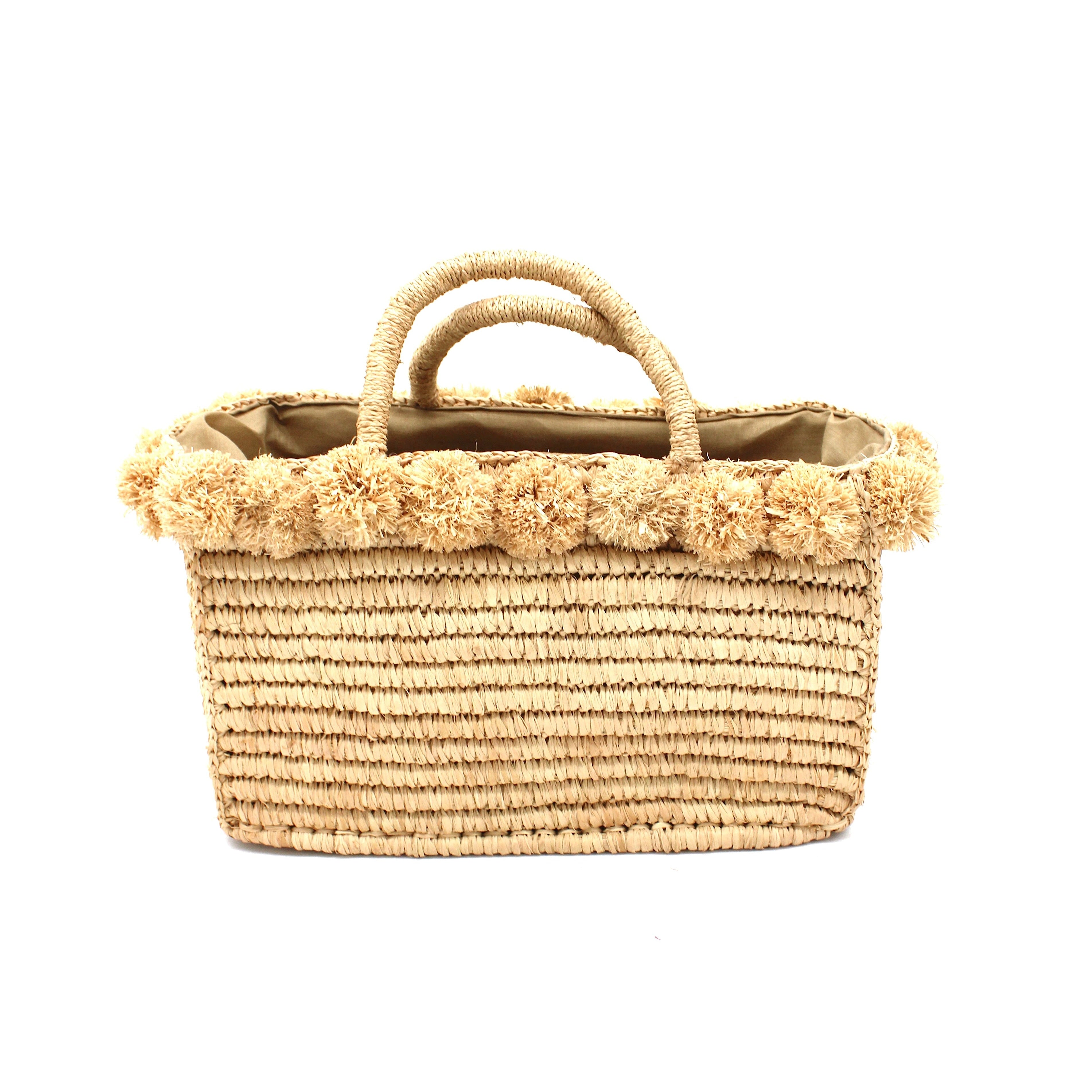 Rico Natural Crochet Rectangle Straw Basket handmade woven raffia palm fiber in a solid hue of natural straw color with horizontal bands of looped texture with matching small raffia pouf pompom top edge and wrapped braid handles small handbag purse - Shebobo