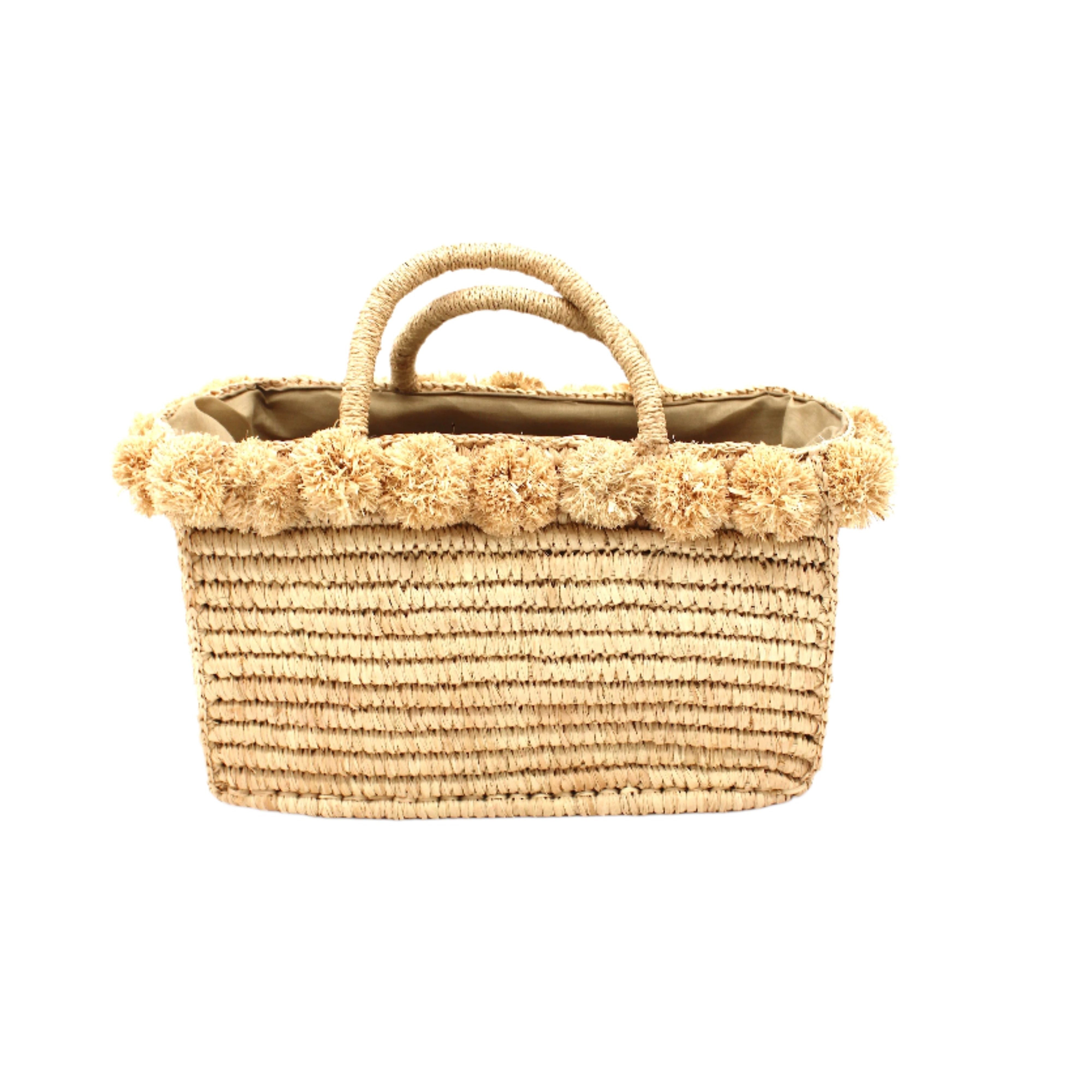 Rico Natural Crochet Rectangle Straw Basket handmade woven raffia palm fiber in a solid hue of natural straw color with horizontal bands of looped texture with matching small raffia pouf pompom top edge and wrapped braid handles small handbag purse - Shebobo