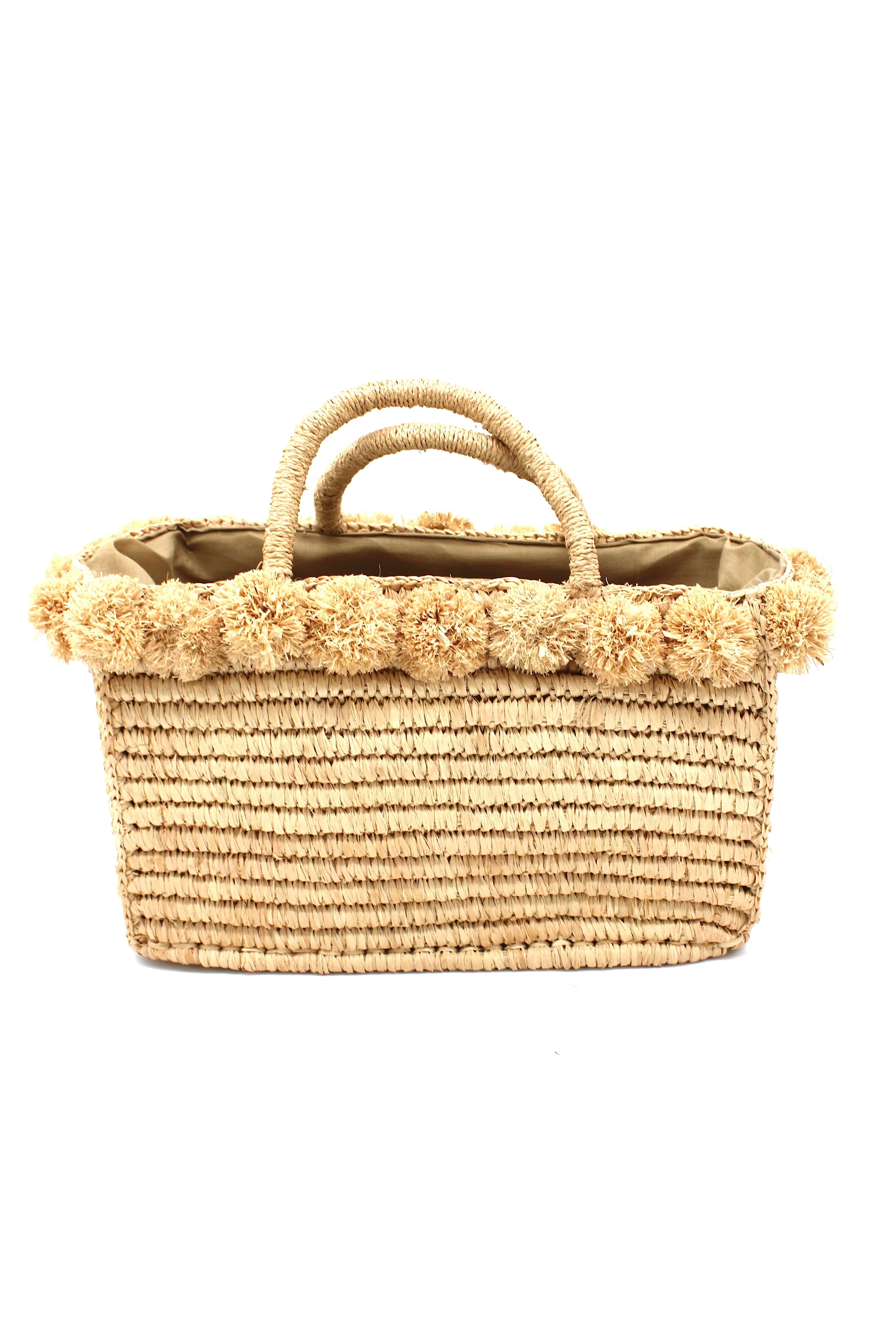 Rico Natural Crochet Rectangle Straw Basket handmade woven raffia palm fiber in a solid hue of natural straw color with horizontal bands of looped texture with matching small raffia pouf pompom top edge and wrapped braid handles small handbag purse - Shebobo
