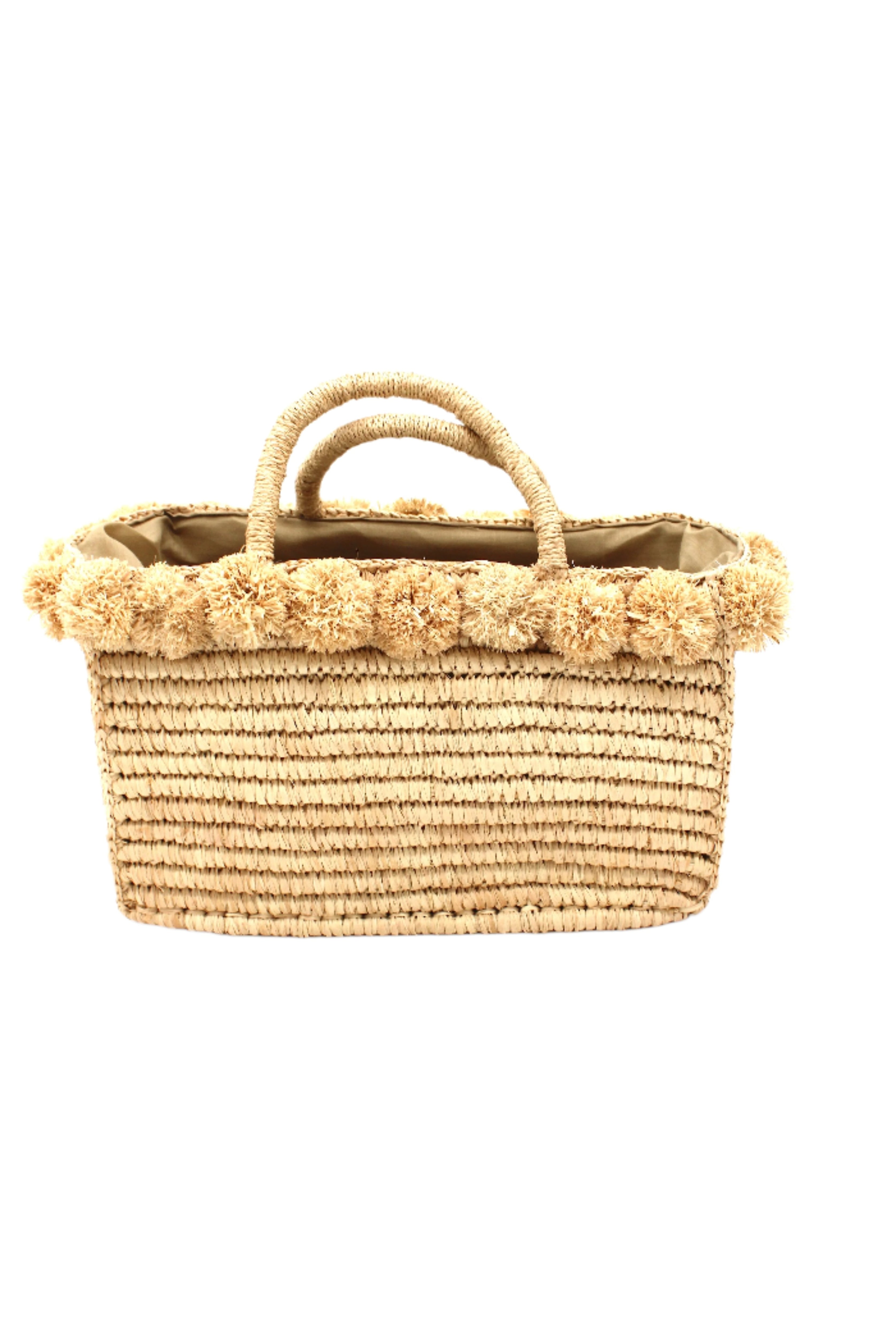 Rico Natural Crochet Rectangle Straw Basket handmade woven raffia palm fiber in a solid hue of natural straw color with horizontal bands of looped texture with matching small raffia pouf pompom top edge and wrapped braid handles small handbag purse - Shebobo