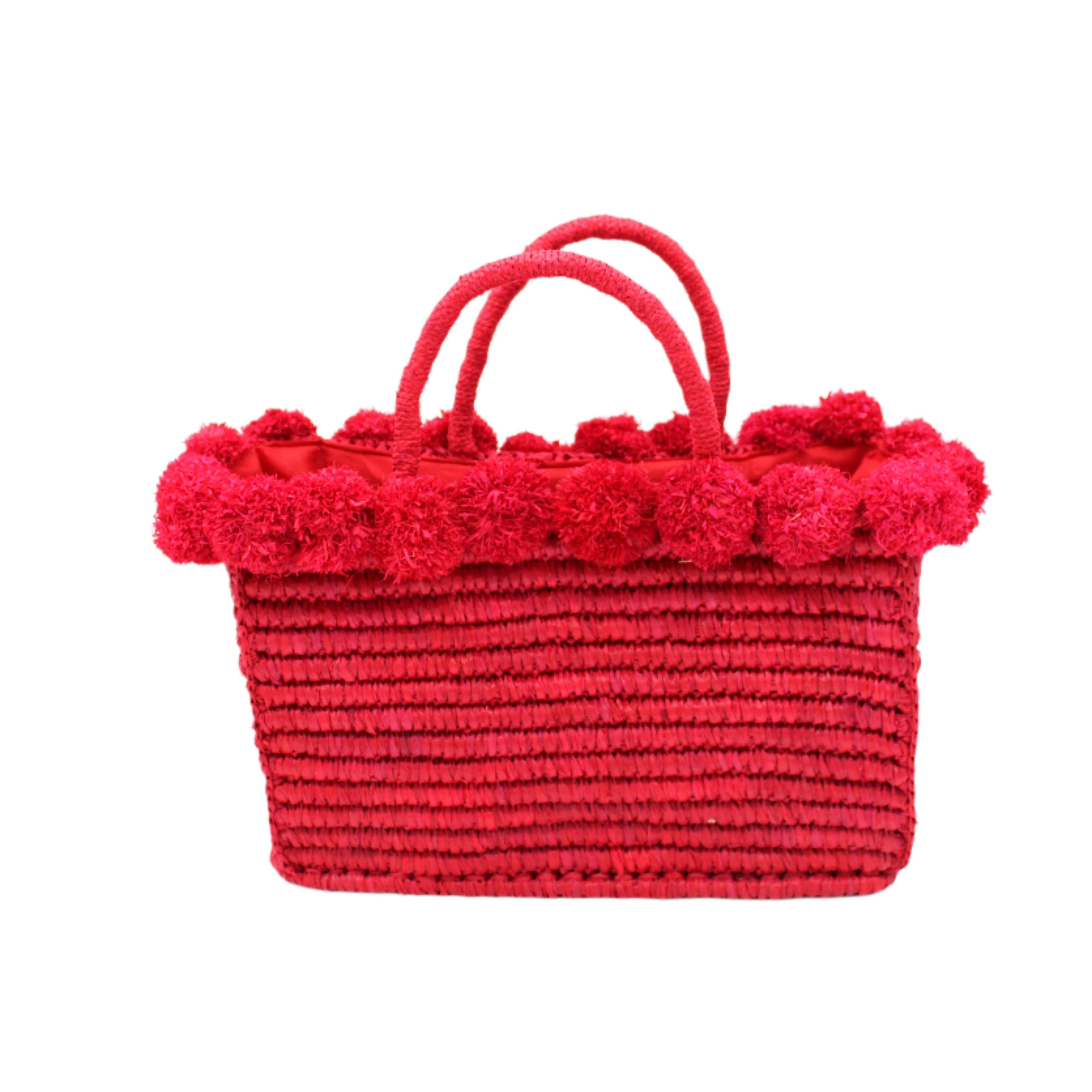 Rico Red Crochet Rectangle Straw Basket handmade woven raffia palm fiber in a solid hue of red with horizontal bands of looped texture with matching small raffia pouf pompom top edge and wrapped braid handles small handbag purse - Shebobo