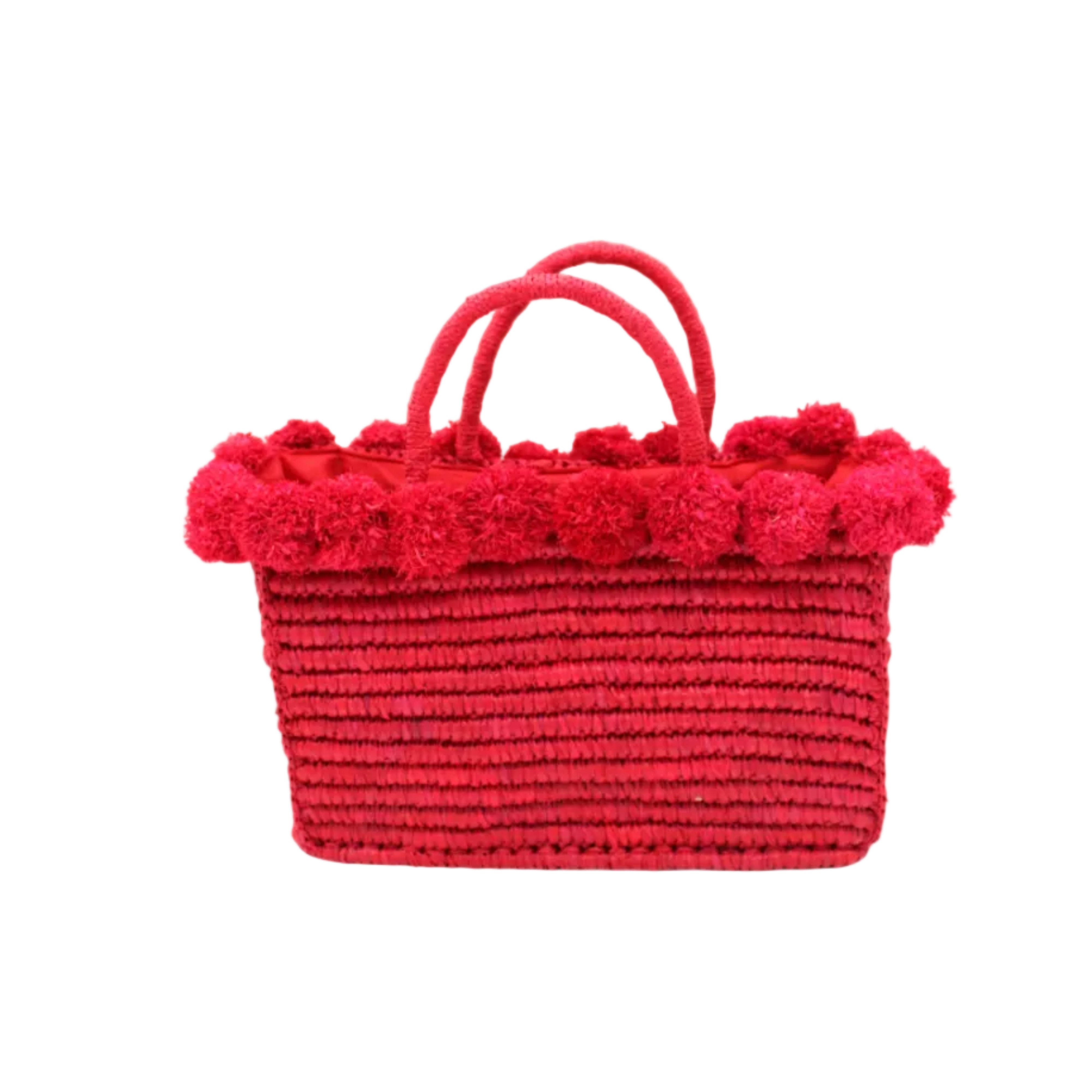 Rico Red Crochet Rectangle Straw Basket handmade woven raffia palm fiber in a solid hue of red with horizontal bands of looped texture with matching small raffia pouf pompom top edge and wrapped braid handles small handbag purse - Shebobo