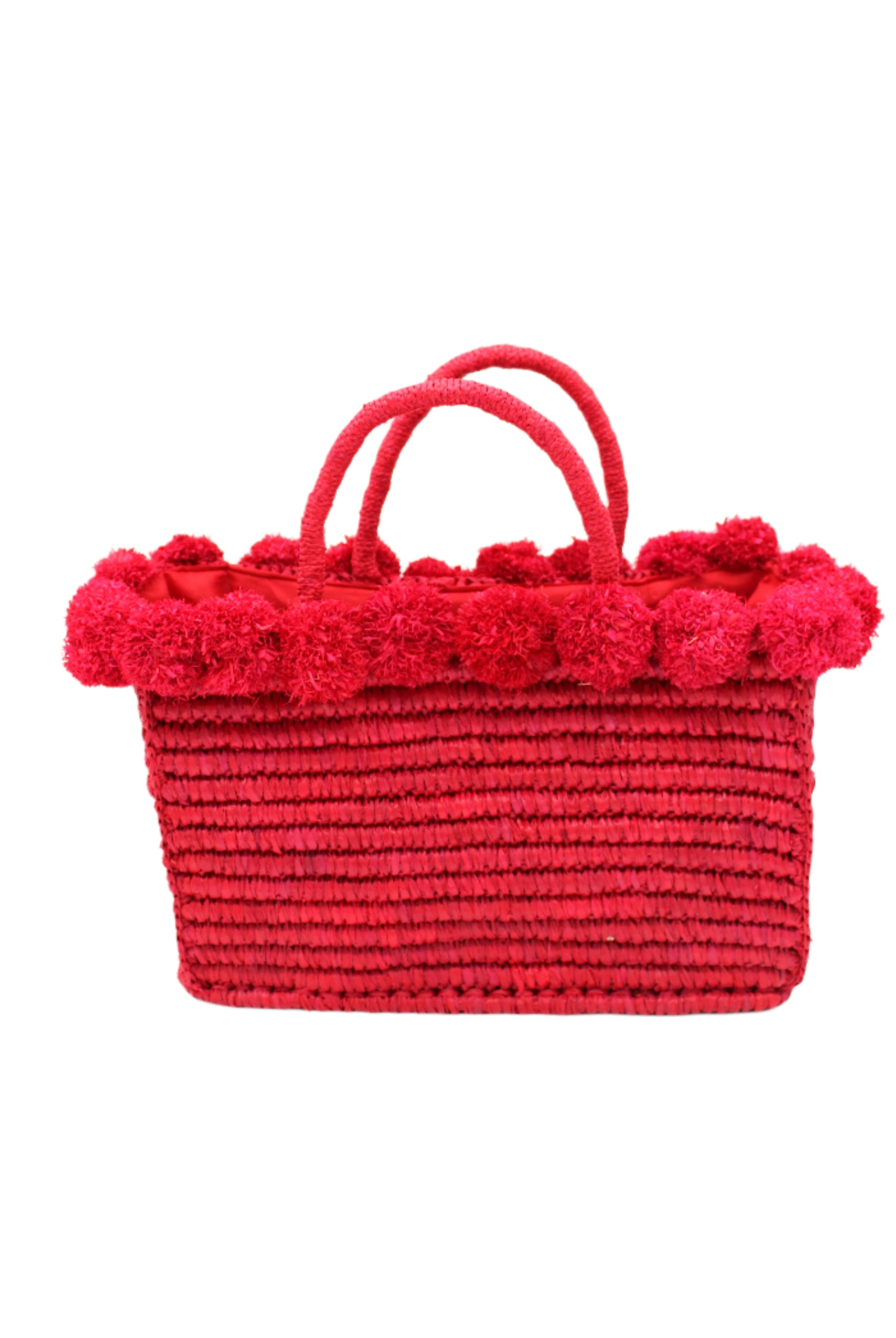 Rico Red Crochet Rectangle Straw Basket handmade woven raffia palm fiber in a solid hue of red with horizontal bands of looped texture with matching small raffia pouf pompom top edge and wrapped braid handles small handbag purse - Shebobo