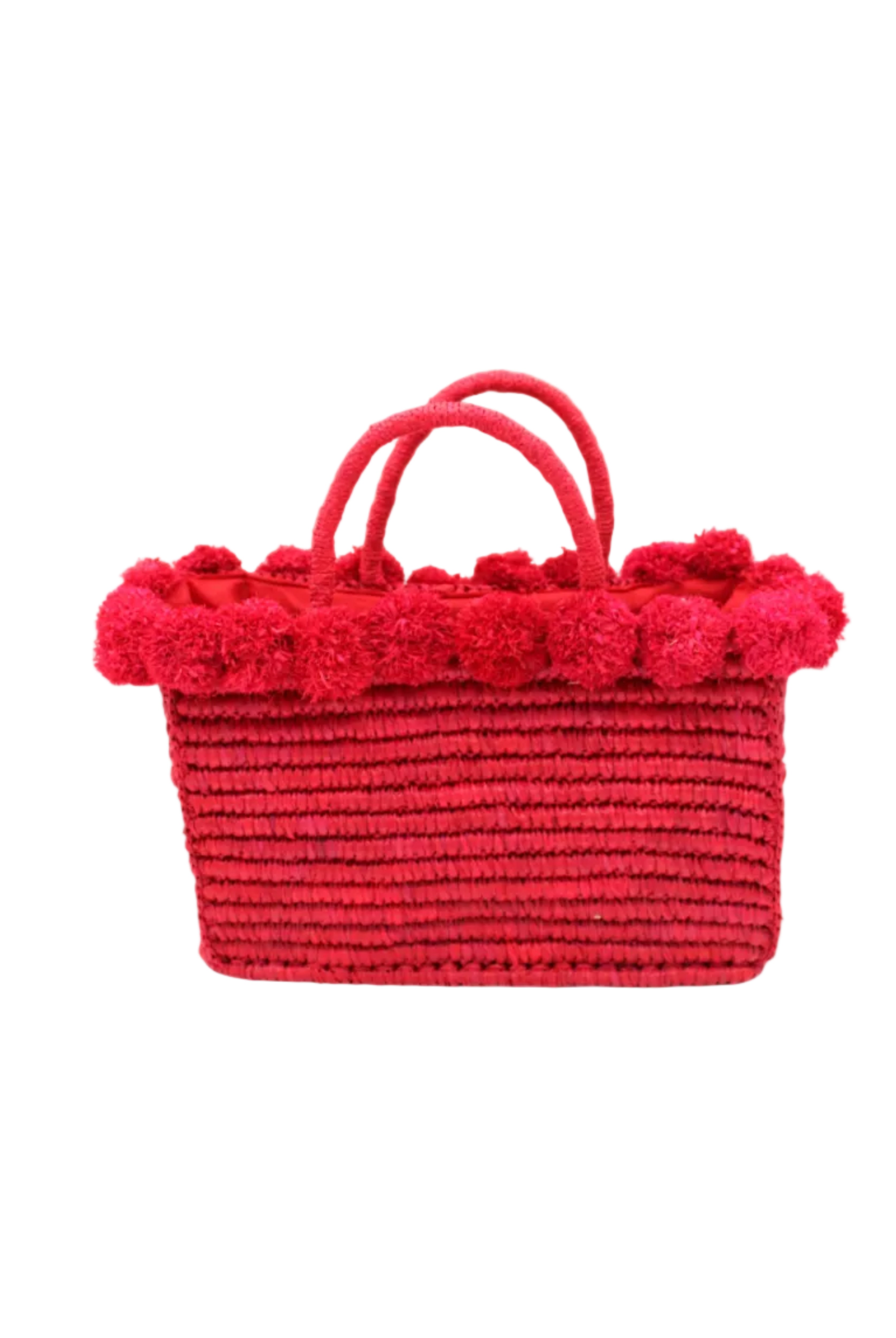 Rico Red Crochet Rectangle Straw Basket handmade woven raffia palm fiber in a solid hue of red with horizontal bands of looped texture with matching small raffia pouf pompom top edge and wrapped braid handles small handbag purse - Shebobo