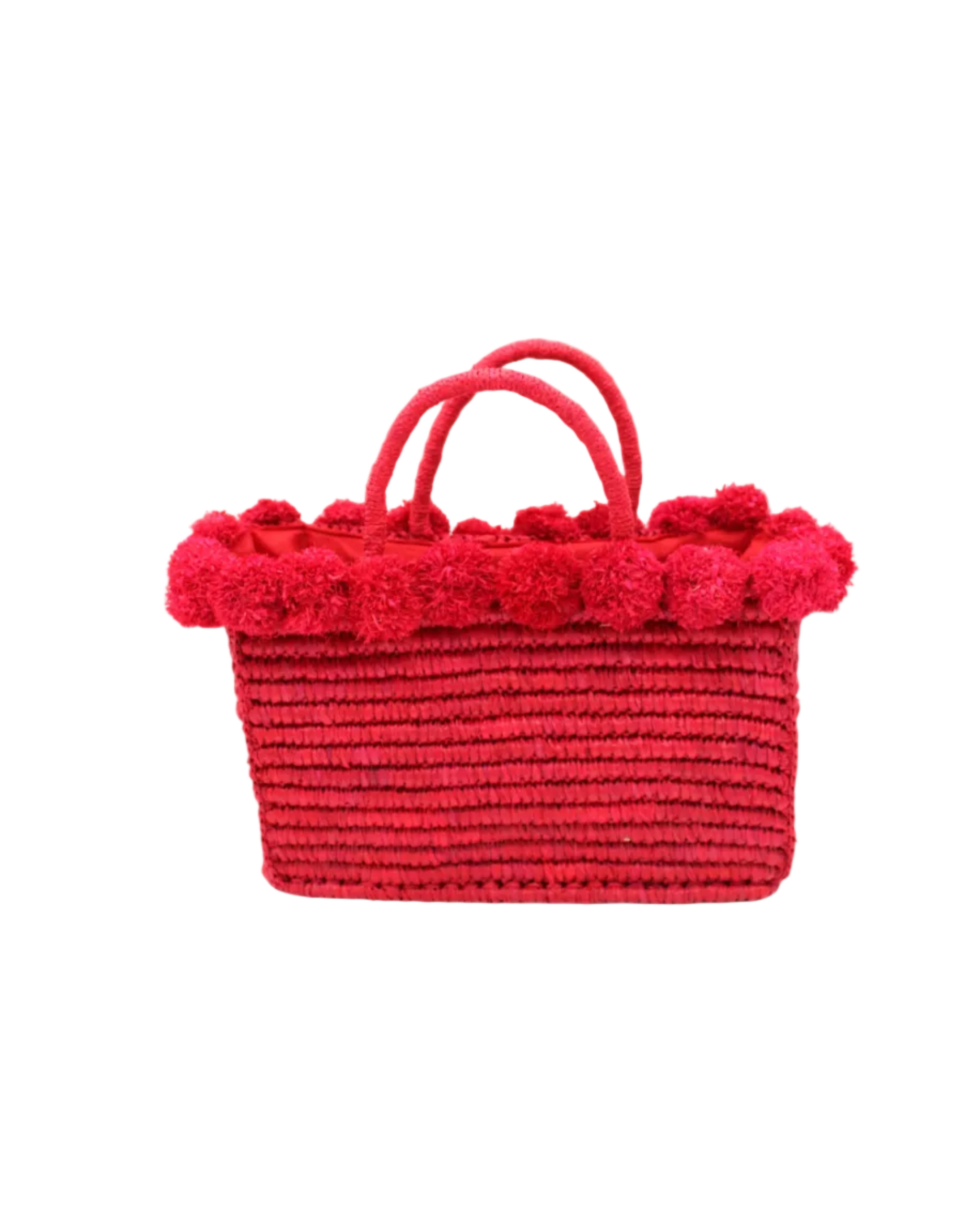 Rico Red Crochet Rectangle Straw Basket handmade woven raffia palm fiber in a solid hue of red with horizontal bands of looped texture with matching small raffia pouf pompom top edge and wrapped braid handles small handbag purse - Shebobo