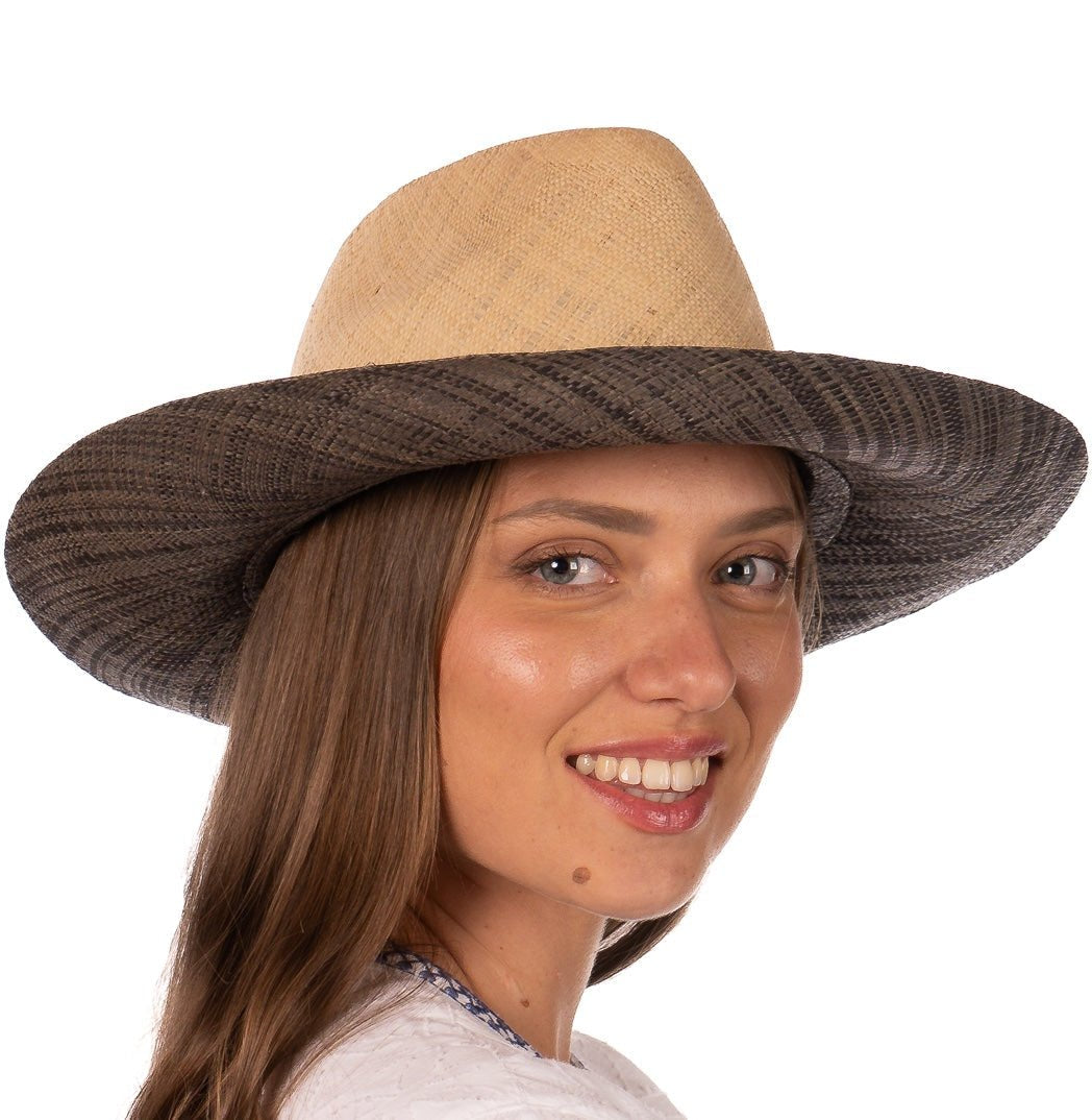 Model wearing Riley 3" Brim Panama Unisex Two Tone Straw Hats handmade loomed raffia palm fiber in a solid hue of natural straw color on the crown and solid grey on the brim with matching attached hat band lightweight breathable uv/sun protection straw sun hat - Shebobo