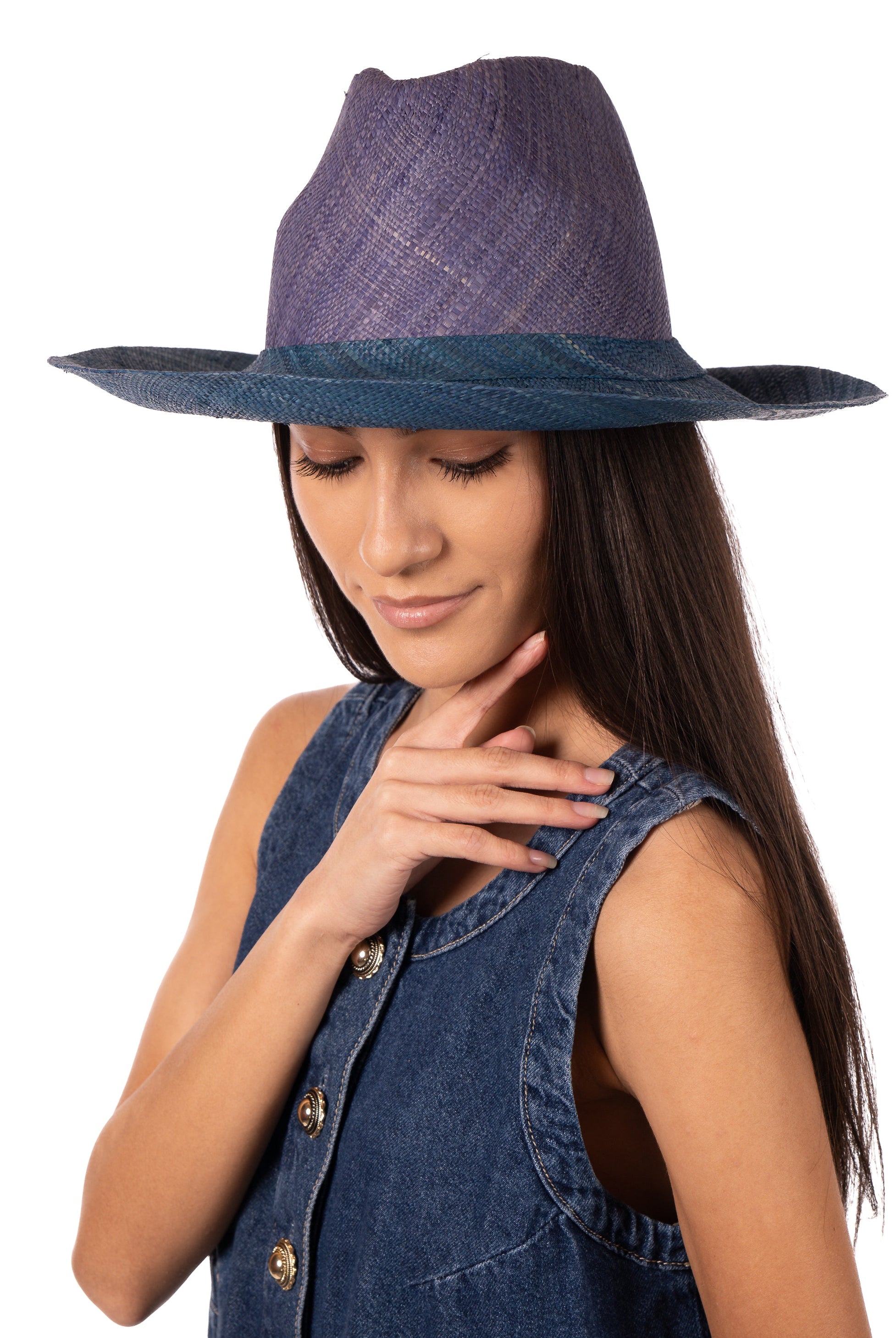 Model wearing Riley 3" Brim Panama Unisex Two Tone Straw Hats handmade loomed raffia palm fiber in a solid hue of denim retro/light/blue on the crown and solid turquoise blue/green on the brim with matching attached hat band lightweight breathable uv/sun protection straw sun hat - Shebobo