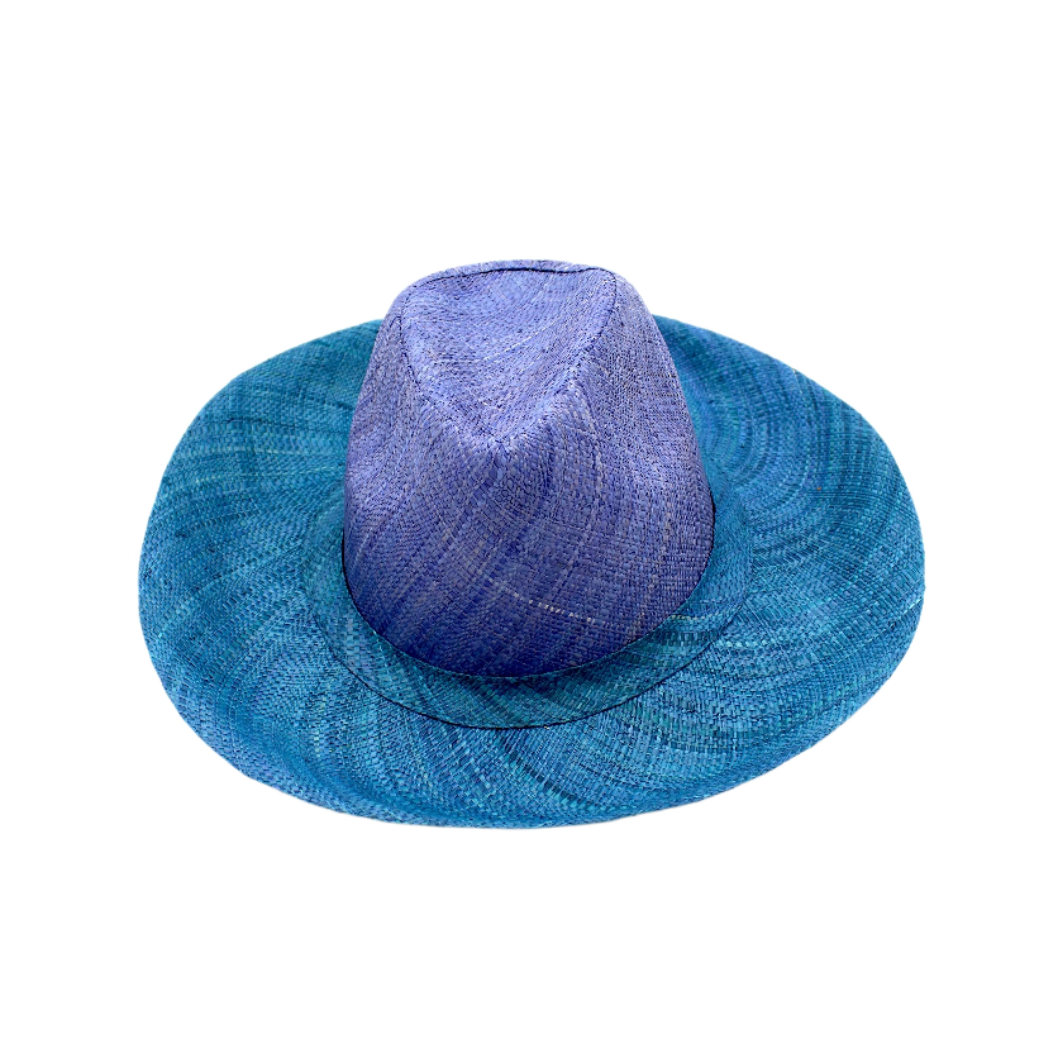 Riley 3" Brim Panama Unisex Two Tone Straw Hats handmade loomed raffia palm fiber in a solid hue of denim retro/light/blue on the crown and solid turquoise blue/green on the brim with matching attached hat band lightweight breathable uv/sun protection straw sun hat - Shebobo