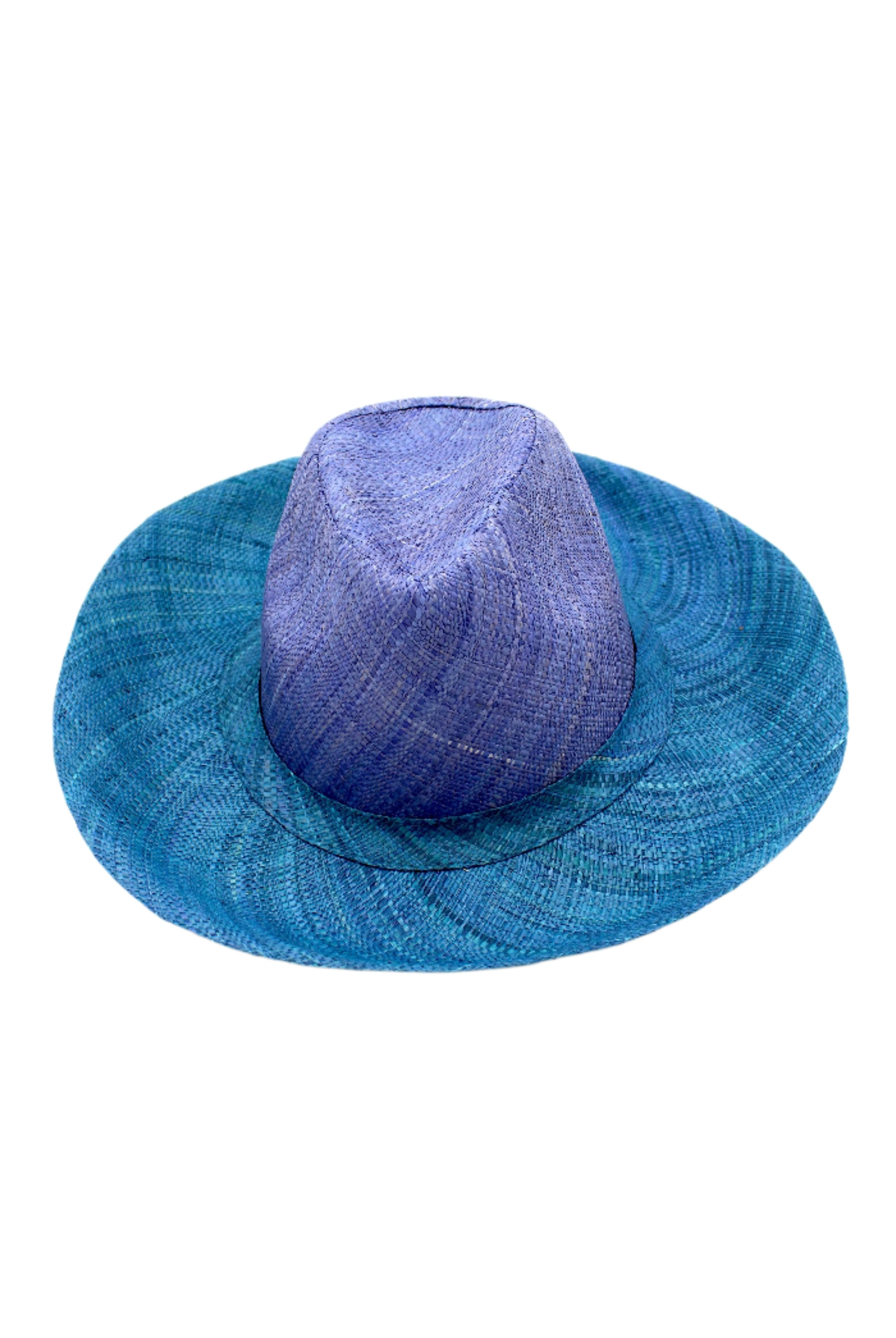 Riley 3" Brim Panama Unisex Two Tone Straw Hats handmade loomed raffia palm fiber in a solid hue of denim retro/light/blue on the crown and solid turquoise blue/green on the brim with matching attached hat band lightweight breathable uv/sun protection straw sun hat - Shebobo