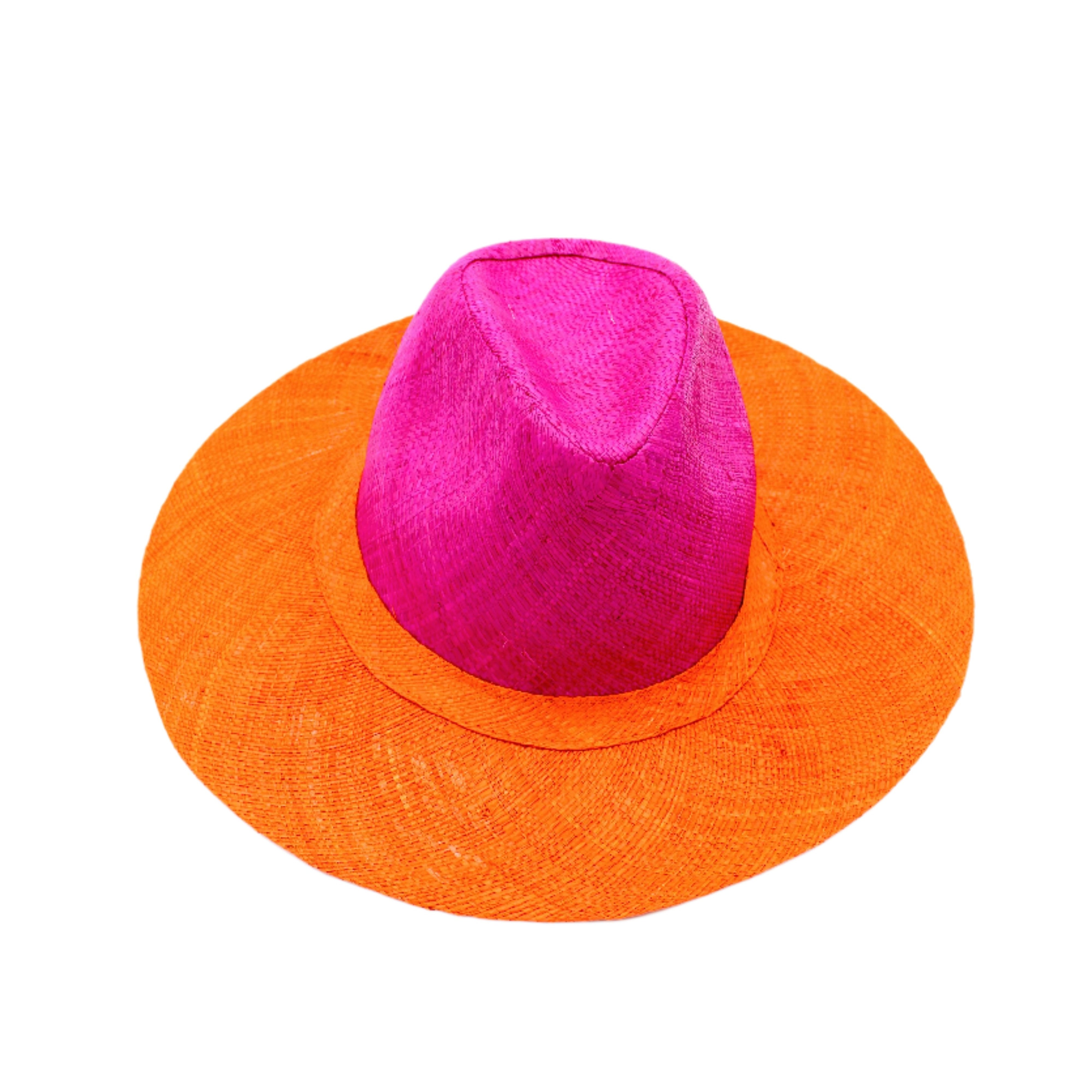 Riley 3" Brim Panama Unisex Two Tone Straw Hats handmade loomed raffia palm fiber in a solid hue of fuchsia hot/bright/barbie/pink on the crown and solid coral orange/red on the brim with matching attached hat band lightweight breathable uv/sun protection straw sun hat - Shebobo