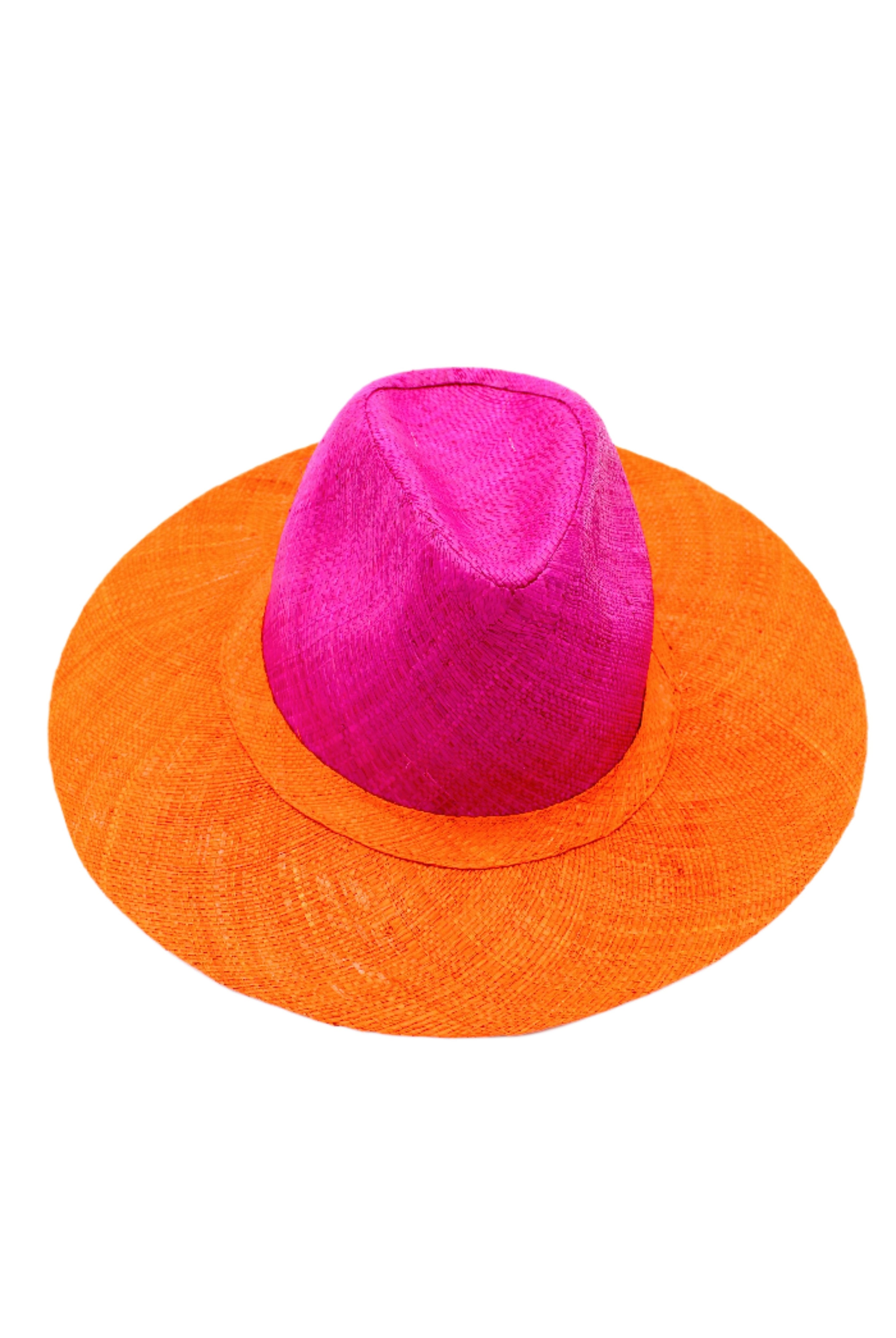 Riley 3" Brim Panama Unisex Two Tone Straw Hats handmade loomed raffia palm fiber in a solid hue of fuchsia hot/bright/barbie/pink on the crown and solid coral orange/red on the brim with matching attached hat band lightweight breathable uv/sun protection straw sun hat - Shebobo