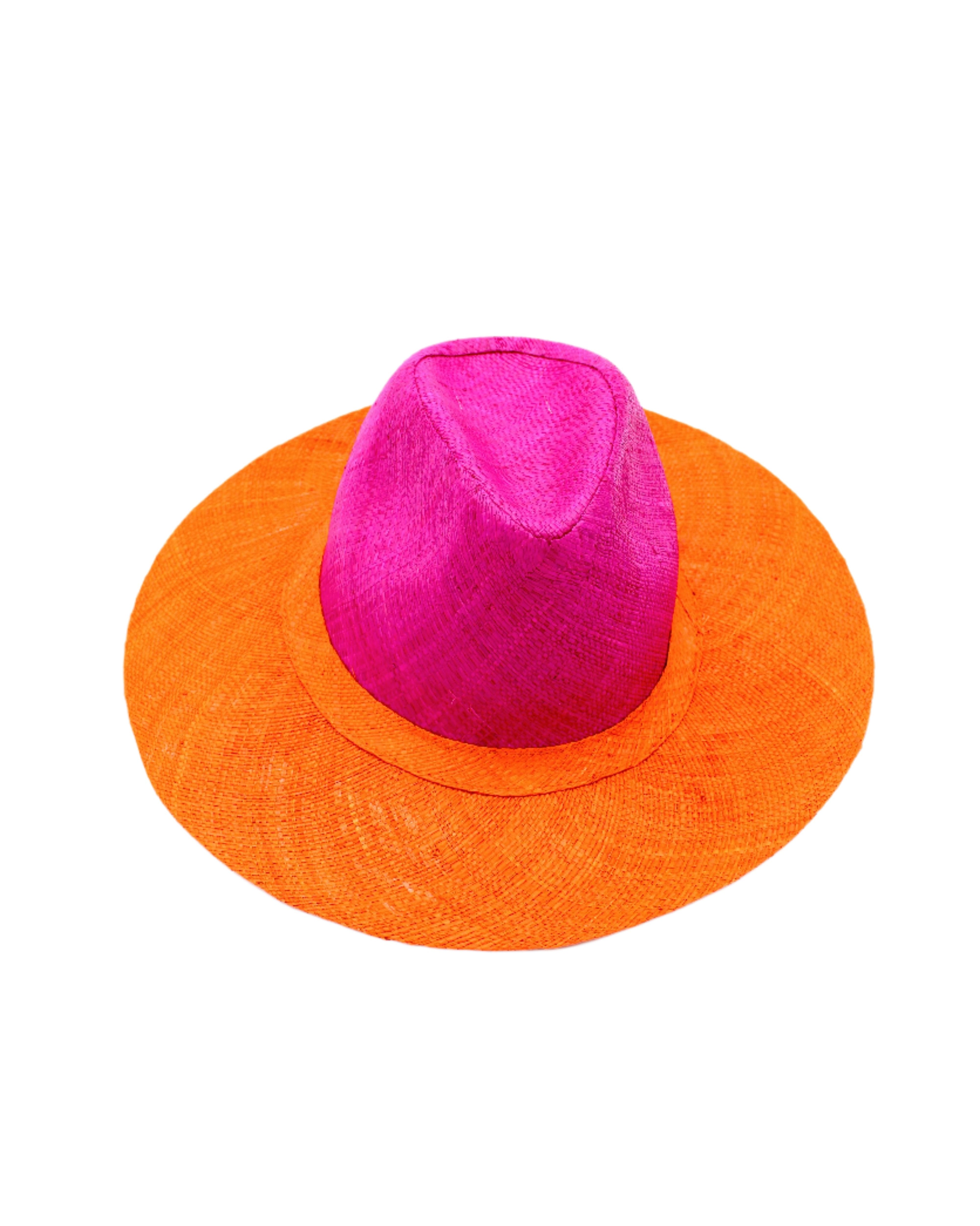 Riley 3" Brim Panama Unisex Two Tone Straw Hats handmade loomed raffia palm fiber in a solid hue of fuchsia hot/bright/barbie/pink on the crown and solid coral orange/red on the brim with matching attached hat band lightweight breathable uv/sun protection straw sun hat - Shebobo