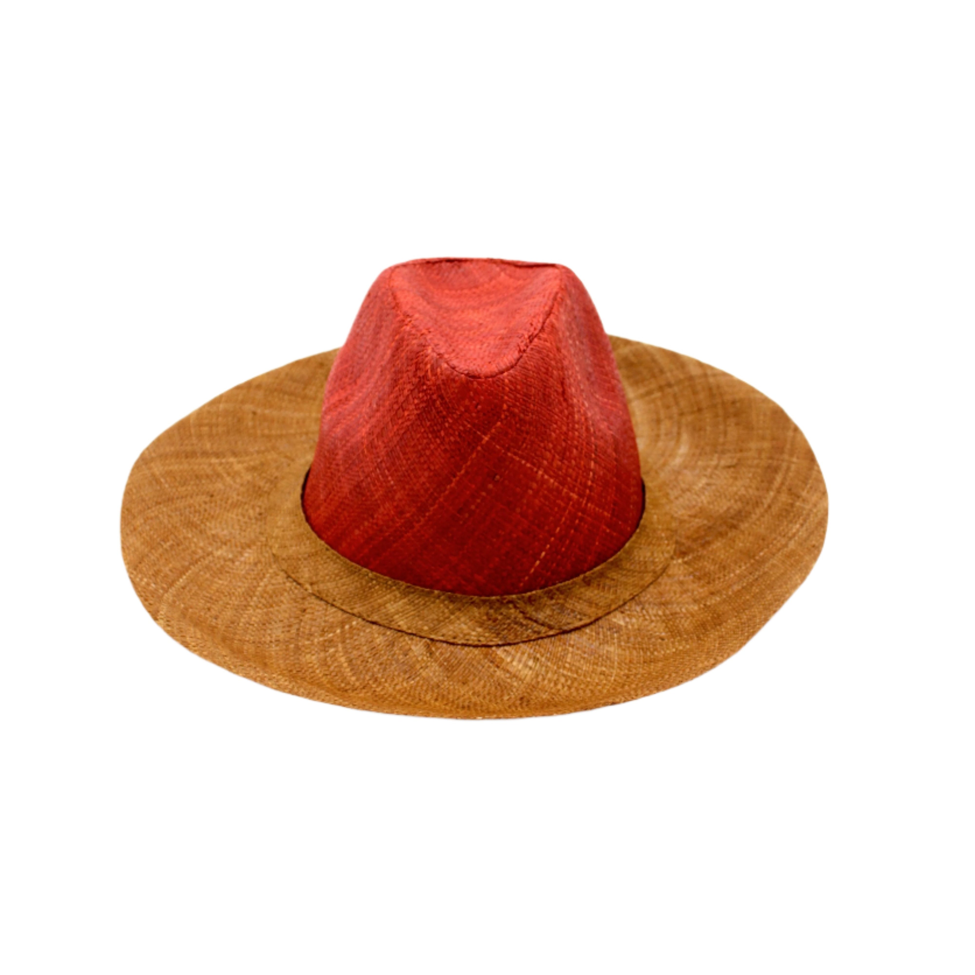 Riley 3" Brim Panama Unisex Two Tone Straw Hats handmade loomed raffia palm fiber in a solid hue of cinnamon/tobacco/dark/brown on the crown and solid whisky caramel/red/brown on the brim with matching attached hat band lightweight breathable uv/sun protection straw sun hat - Shebobo
