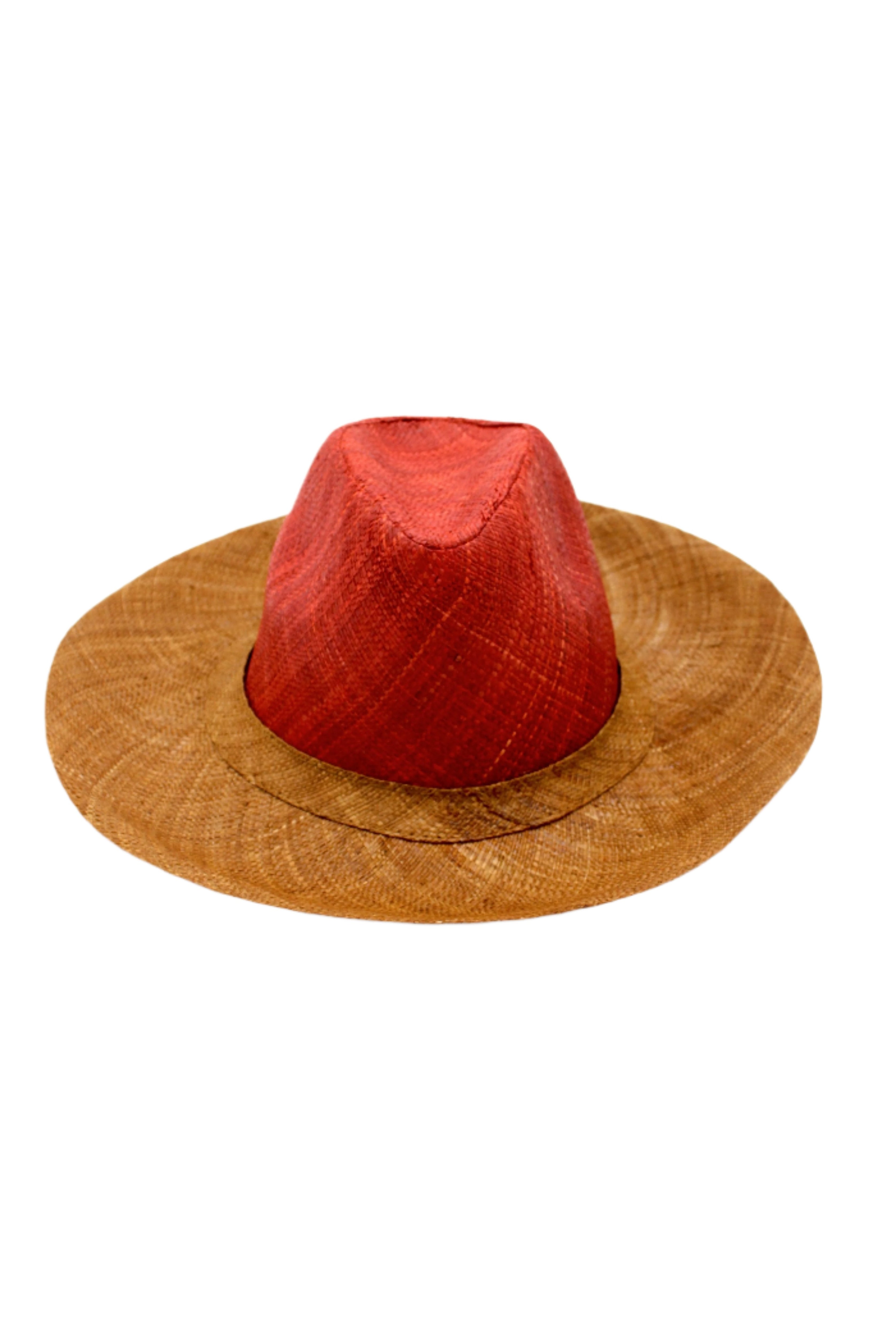 Riley 3" Brim Panama Unisex Two Tone Straw Hats handmade loomed raffia palm fiber in a solid hue of cinnamon/tobacco/dark/brown on the crown and solid whisky caramel/red/brown on the brim with matching attached hat band lightweight breathable uv/sun protection straw sun hat - Shebobo
