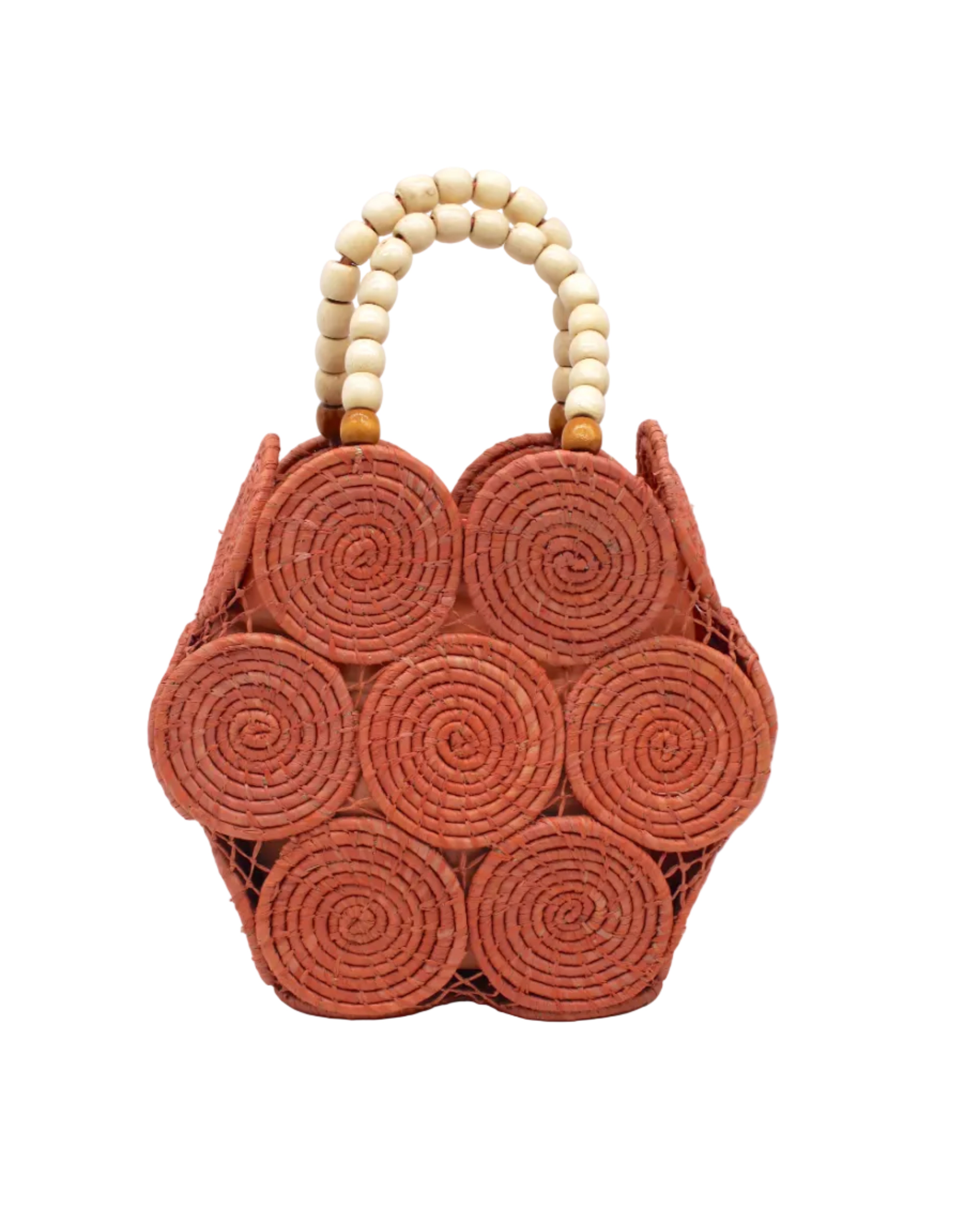 Romy Blush Crochet Disc Straw Handbag with Wooden Bead Handles handmade natural raffia palm fiber in a solid hue of blush orange/pink in a crochet coiled circular flat disc attached together with macrame knot technique with a geometric hexagonal overall shape with seven discs per side two above and below a horizontal row of three per side and a single row comprising the side of the bag with beige carved round wooden beaded handles purse - Shebobo