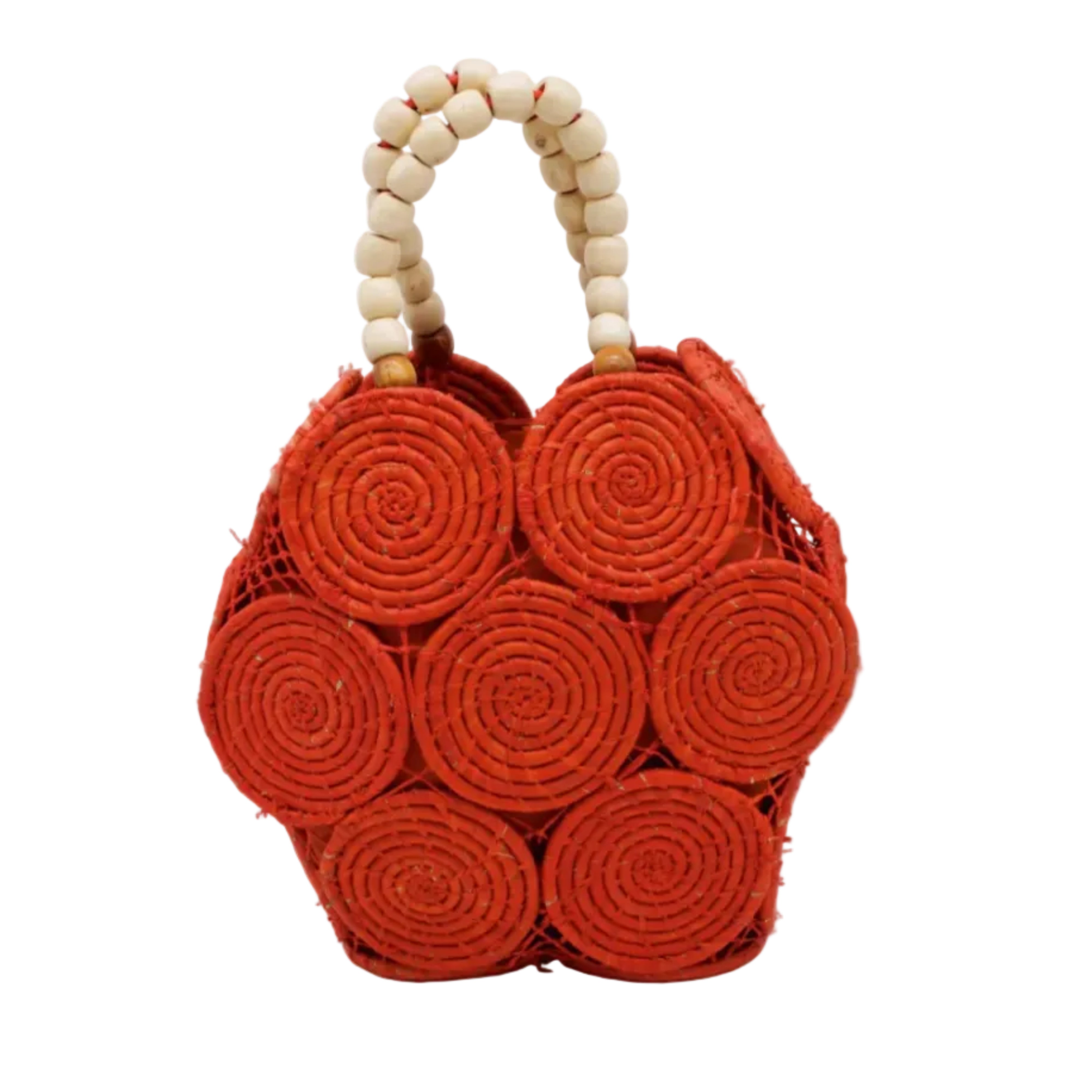Romy Coral Crochet Disc Straw Handbag with Wooden Bead Handles handmade natural raffia palm fiber in a solid hue of coral orange/red in a crochet coiled circular flat disc attached together with macrame knot technique with a geometric hexagonal overall shape with seven discs per side two above and below a horizontal row of three per side and a single row comprising the side of the bag with beige carved round wooden beaded handles purse - Shebobo