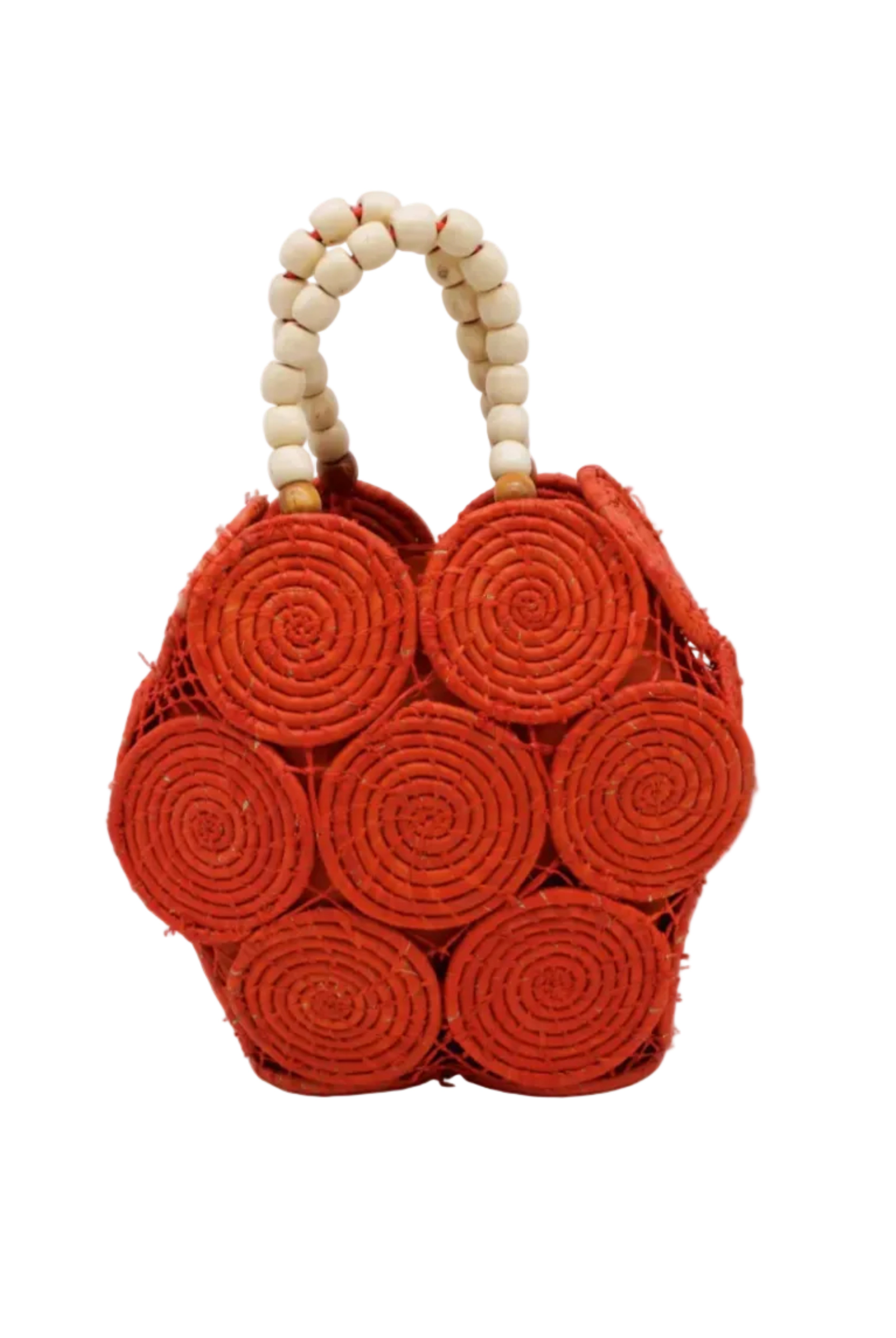 Romy Coral Crochet Disc Straw Handbag with Wooden Bead Handles handmade natural raffia palm fiber in a solid hue of coral orange/red in a crochet coiled circular flat disc attached together with macrame knot technique with a geometric hexagonal overall shape with seven discs per side two above and below a horizontal row of three per side and a single row comprising the side of the bag with beige carved round wooden beaded handles purse - Shebobo