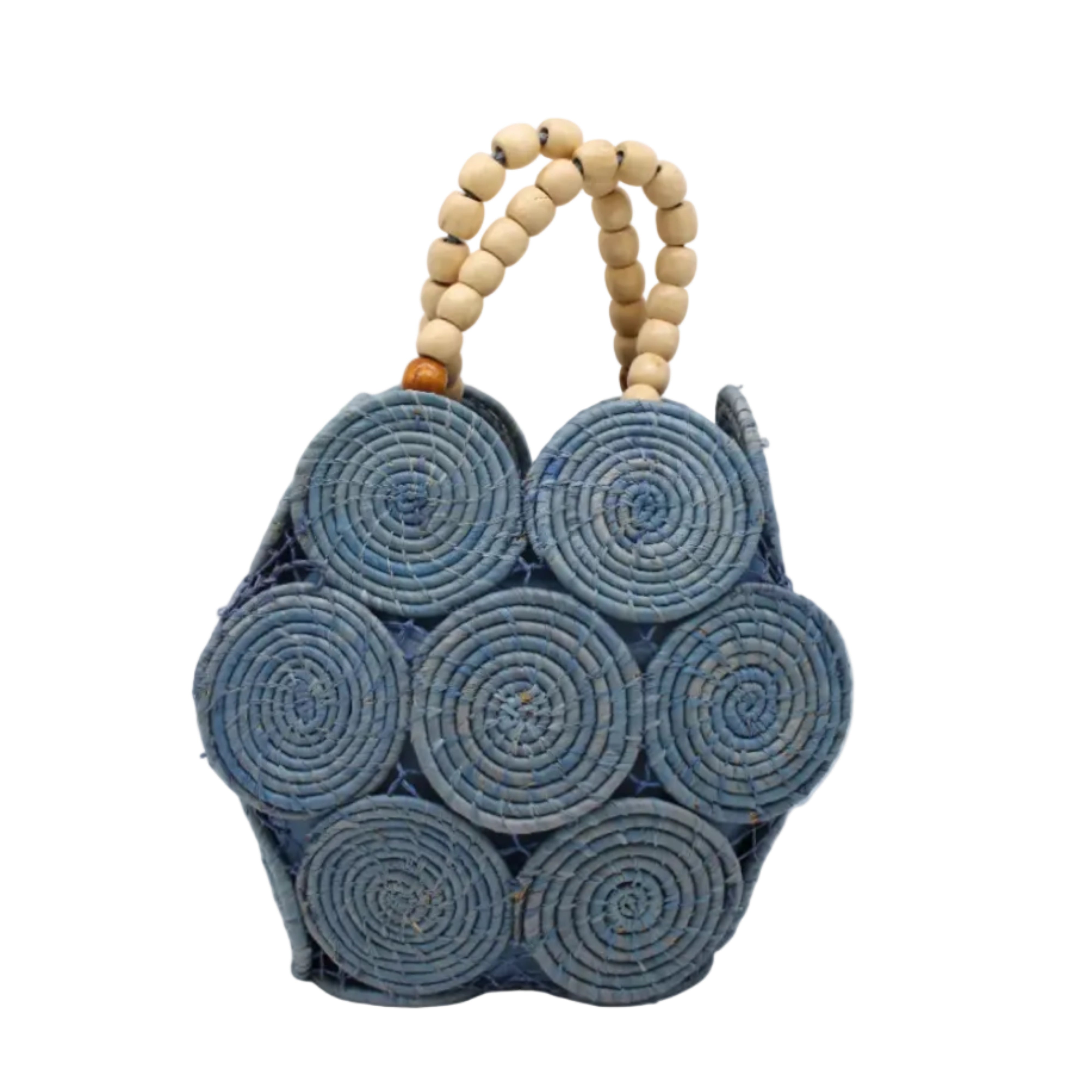 Romy Denim Crochet Disc Straw Handbag with Wooden Bead Handles handmade natural raffia palm fiber in a solid hue of denim retro/light/blue in a crochet coiled circular flat disc attached together with macrame knot technique with a geometric hexagonal overall shape with seven discs per side two above and below a horizontal row of three per side and a single row comprising the side of the bag with beige carved round wooden beaded handles purse - Shebobo