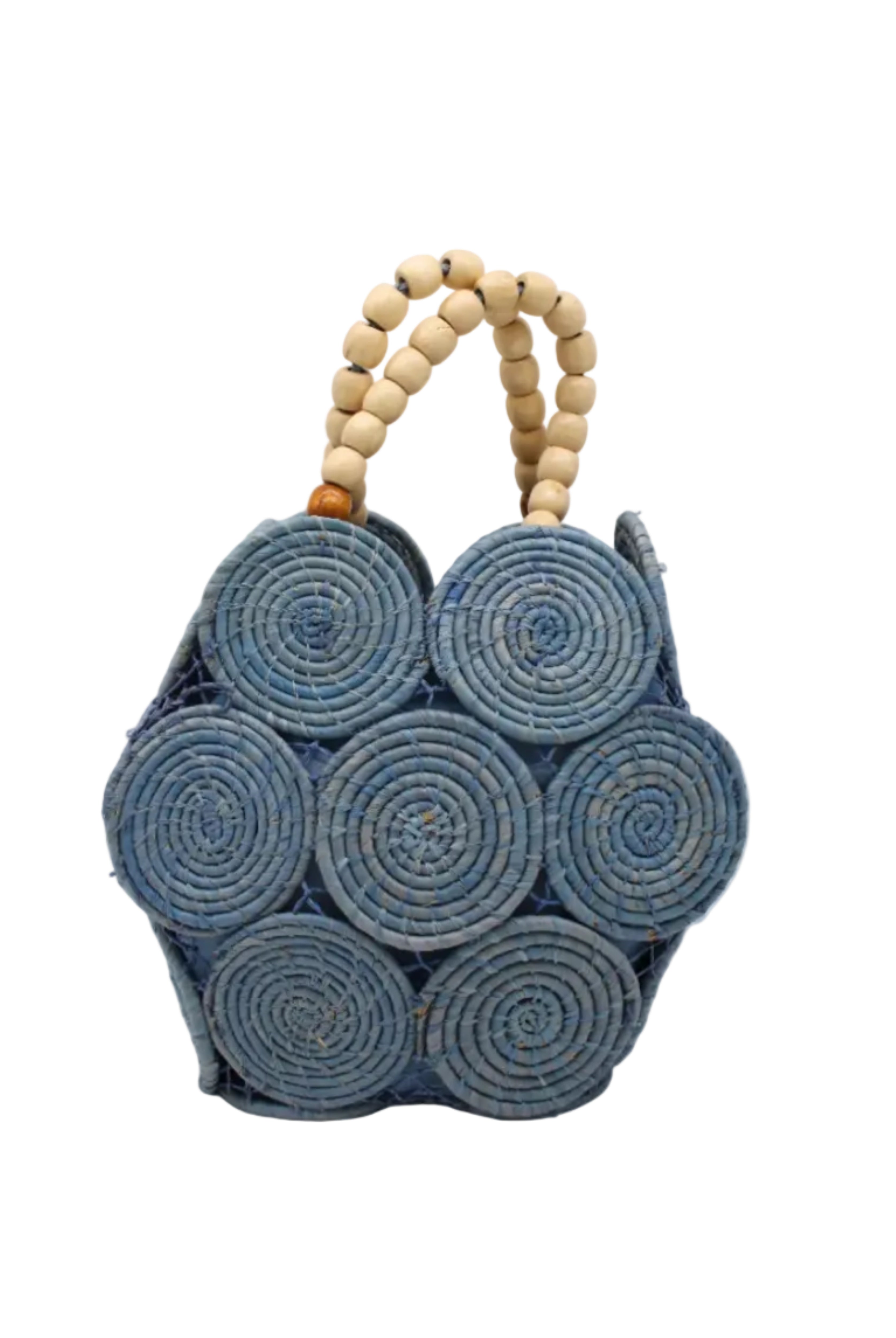 Romy Denim Crochet Disc Straw Handbag with Wooden Bead Handles handmade natural raffia palm fiber in a solid hue of denim retro/light/blue in a crochet coiled circular flat disc attached together with macrame knot technique with a geometric hexagonal overall shape with seven discs per side two above and below a horizontal row of three per side and a single row comprising the side of the bag with beige carved round wooden beaded handles purse - Shebobo