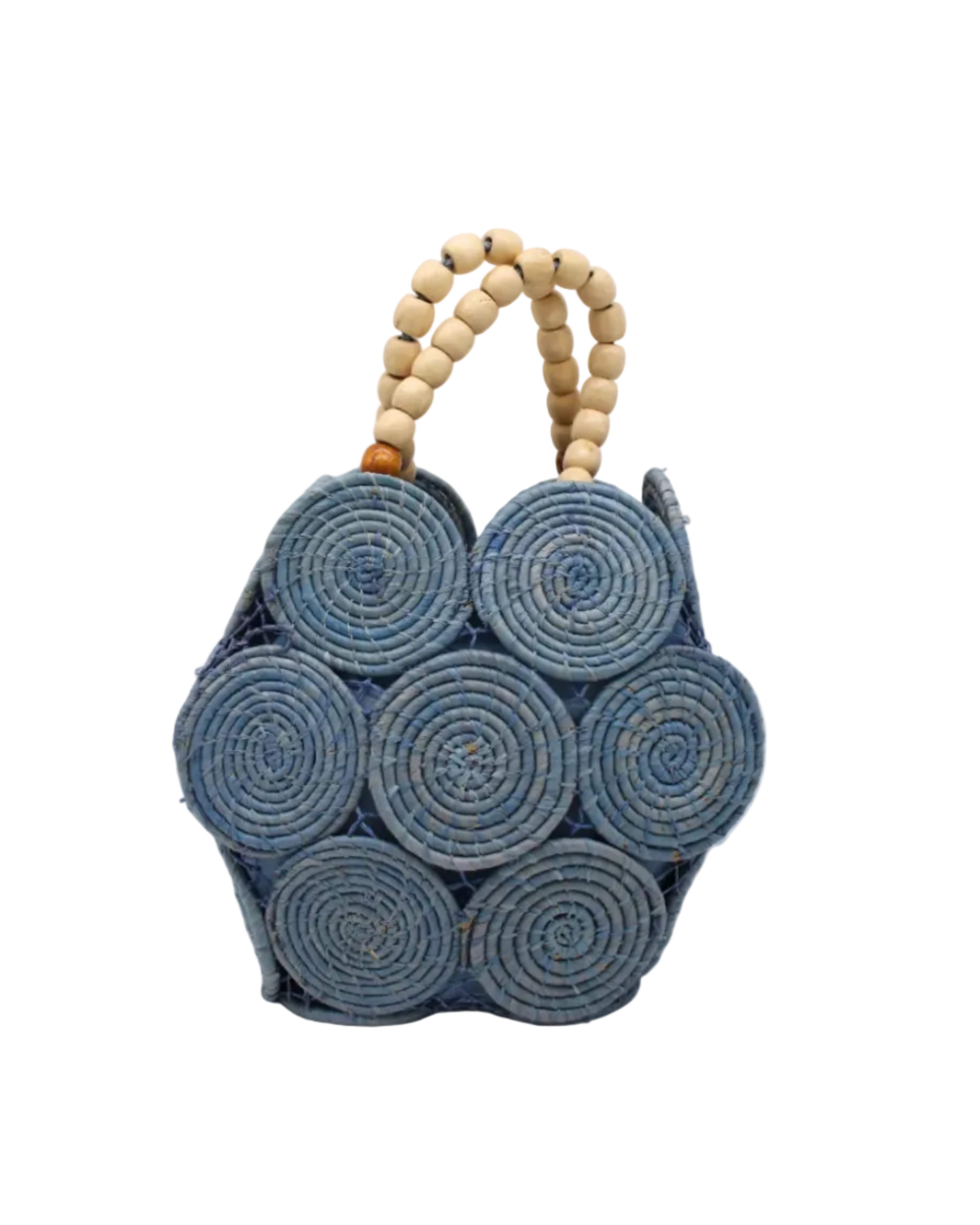 Romy Denim Crochet Disc Straw Handbag with Wooden Bead Handles handmade natural raffia palm fiber in a solid hue of denim retro/light/blue in a crochet coiled circular flat disc attached together with macrame knot technique with a geometric hexagonal overall shape with seven discs per side two above and below a horizontal row of three per side and a single row comprising the side of the bag with beige carved round wooden beaded handles purse - Shebobo