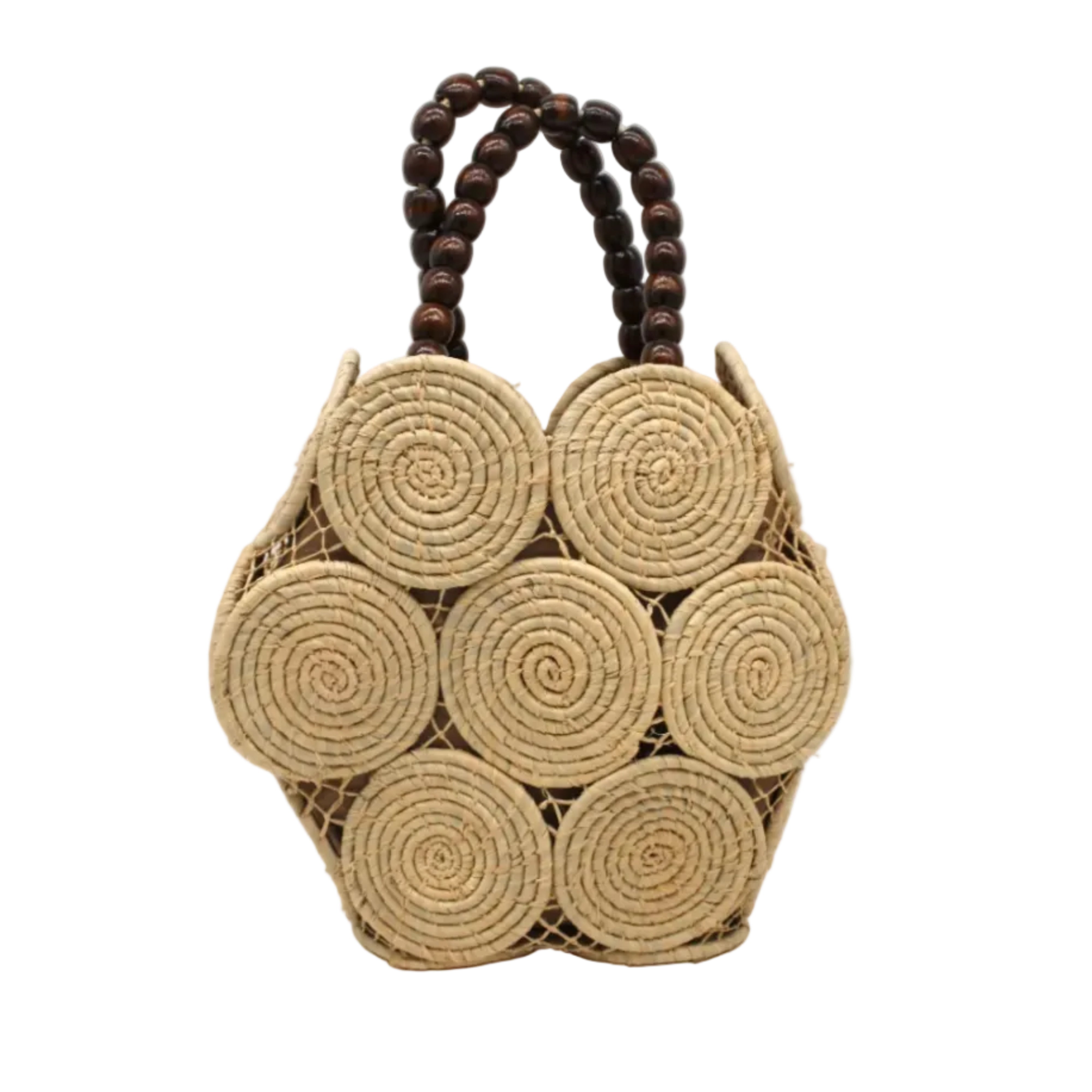 Romy Natural Crochet Disc Straw Handbag with Wooden Bead Handles handmade natural raffia palm fiber in a solid hue of natural straw color in a crochet coiled circular flat disc attached together with macrame knot technique with a geometric hexagonal overall shape with seven discs per side two above and below a horizontal row of three per side and a single row comprising the side of the bag with dark brown carved round wooden beaded handles purse - Shebobo