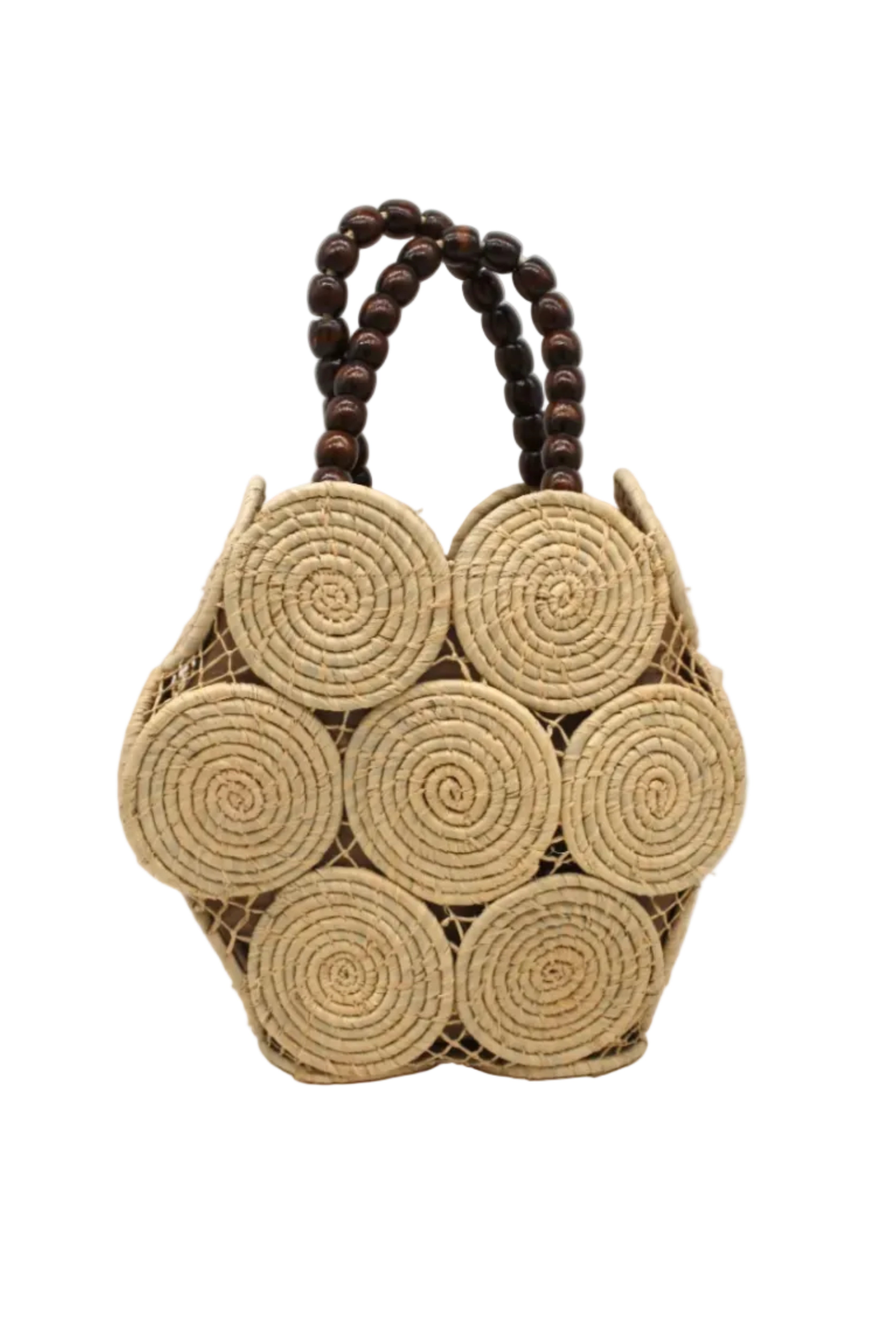 Romy Natural Crochet Disc Straw Handbag with Wooden Bead Handles handmade natural raffia palm fiber in a solid hue of natural straw color in a crochet coiled circular flat disc attached together with macrame knot technique with a geometric hexagonal overall shape with seven discs per side two above and below a horizontal row of three per side and a single row comprising the side of the bag with dark brown carved round wooden beaded handles purse - Shebobo