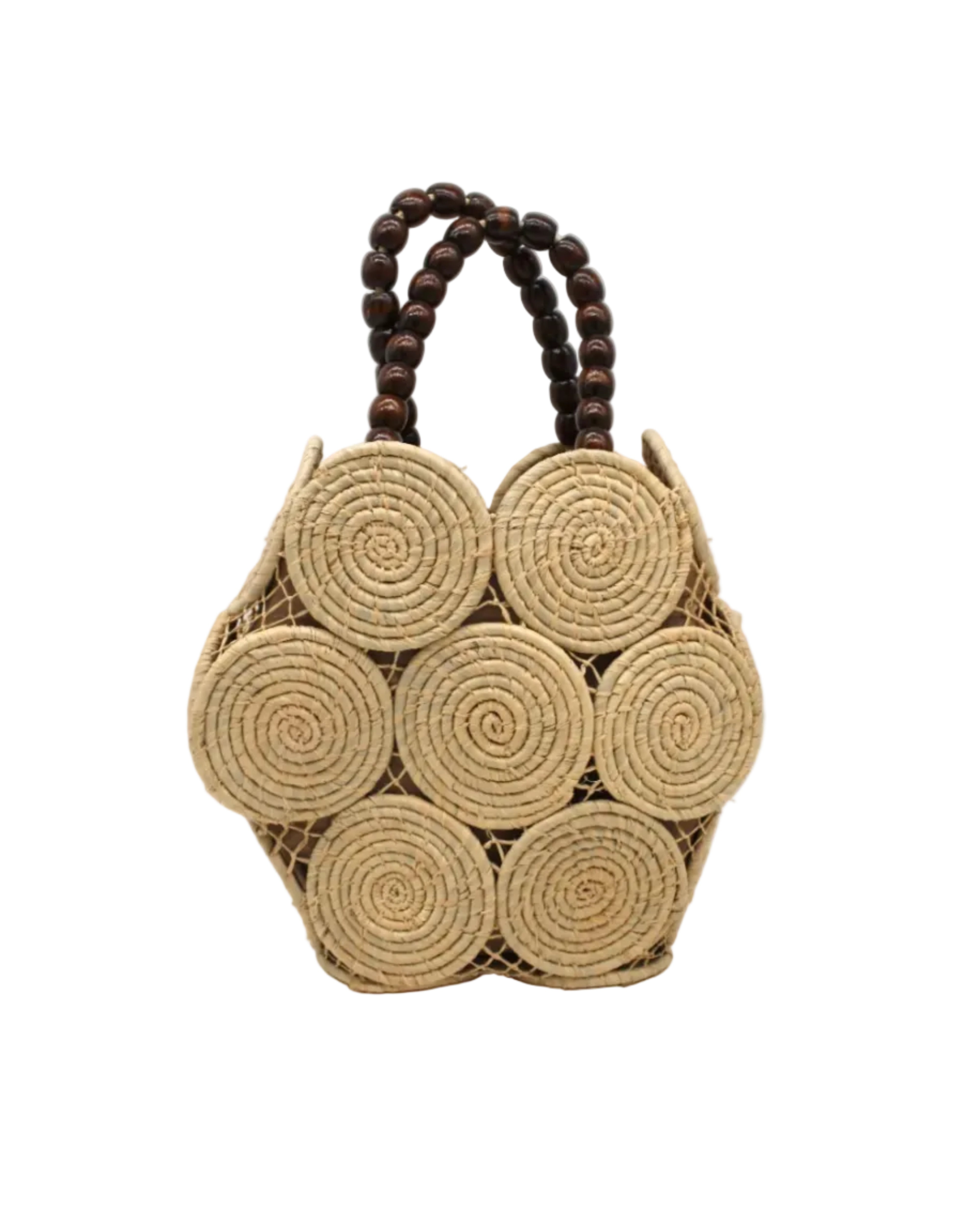 Romy Natural Crochet Disc Straw Handbag with Wooden Bead Handles handmade natural raffia palm fiber in a solid hue of natural straw color in a crochet coiled circular flat disc attached together with macrame knot technique with a geometric hexagonal overall shape with seven discs per side two above and below a horizontal row of three per side and a single row comprising the side of the bag with dark brown carved round wooden beaded handles purse - Shebobo