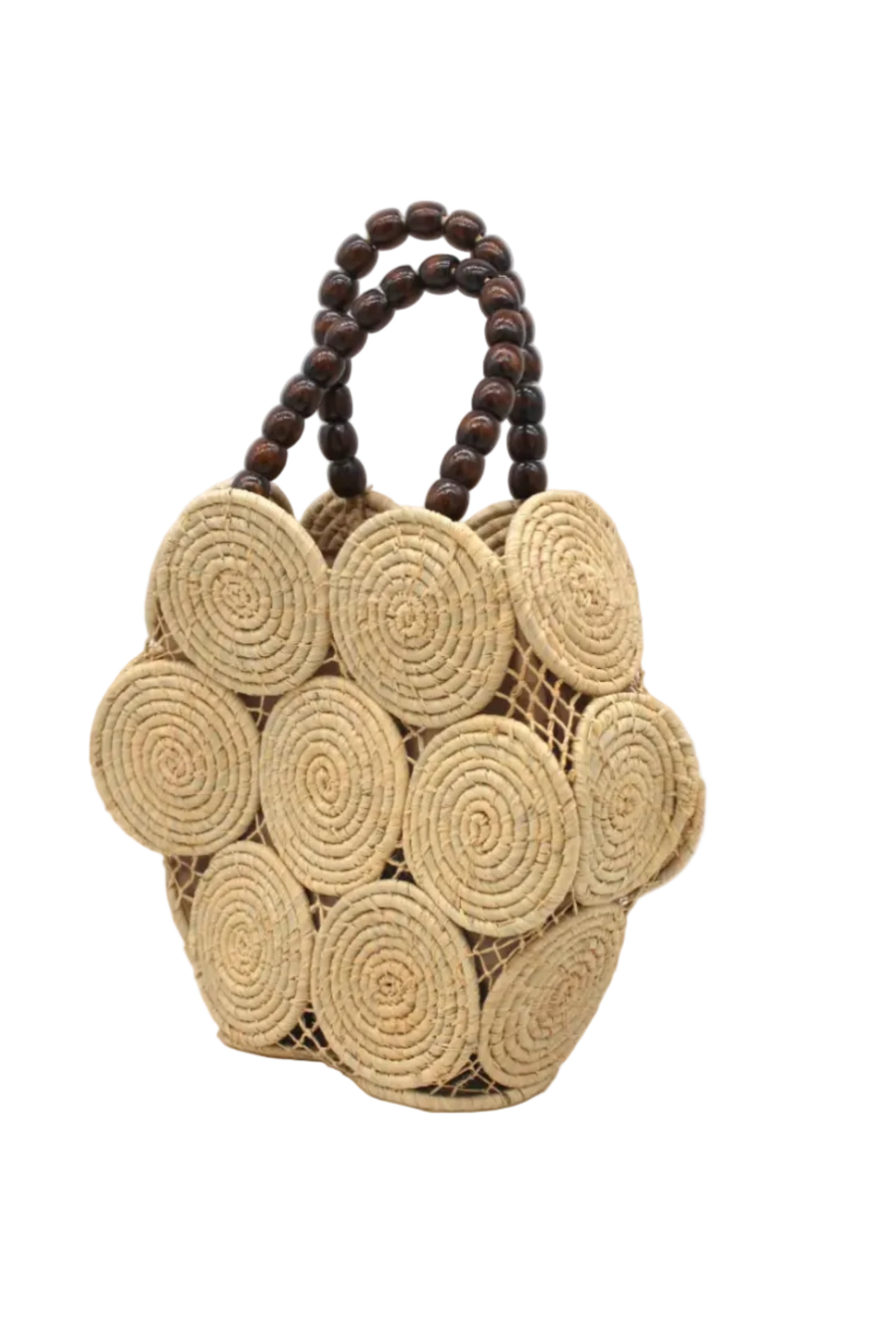 Side view Romy Natural Crochet Disc Straw Handbag with Wooden Bead Handles handmade natural raffia palm fiber in a solid hue of natural straw color in a crochet coiled circular flat disc attached together with macrame knot technique with a geometric hexagonal overall shape with seven discs per side two above and below a horizontal row of three per side and a single row comprising the side of the bag with dark brown carved round wooden beaded handles purse - Shebobo