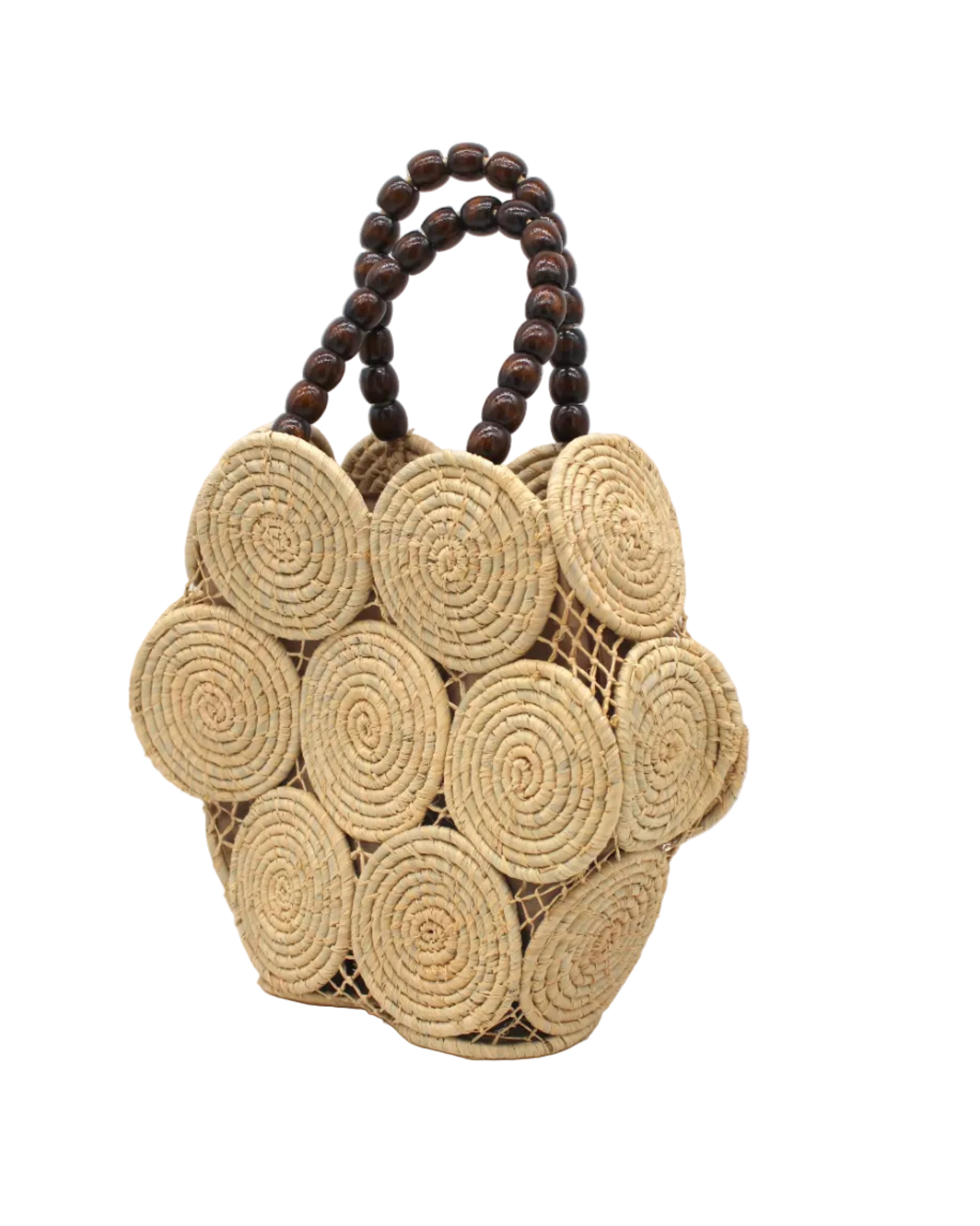 Side view Romy Natural Crochet Disc Straw Handbag with Wooden Bead Handles handmade natural raffia palm fiber in a solid hue of natural straw color in a crochet coiled circular flat disc attached together with macrame knot technique with a geometric hexagonal overall shape with seven discs per side two above and below a horizontal row of three per side and a single row comprising the side of the bag with dark brown carved round wooden beaded handles purse - Shebobo